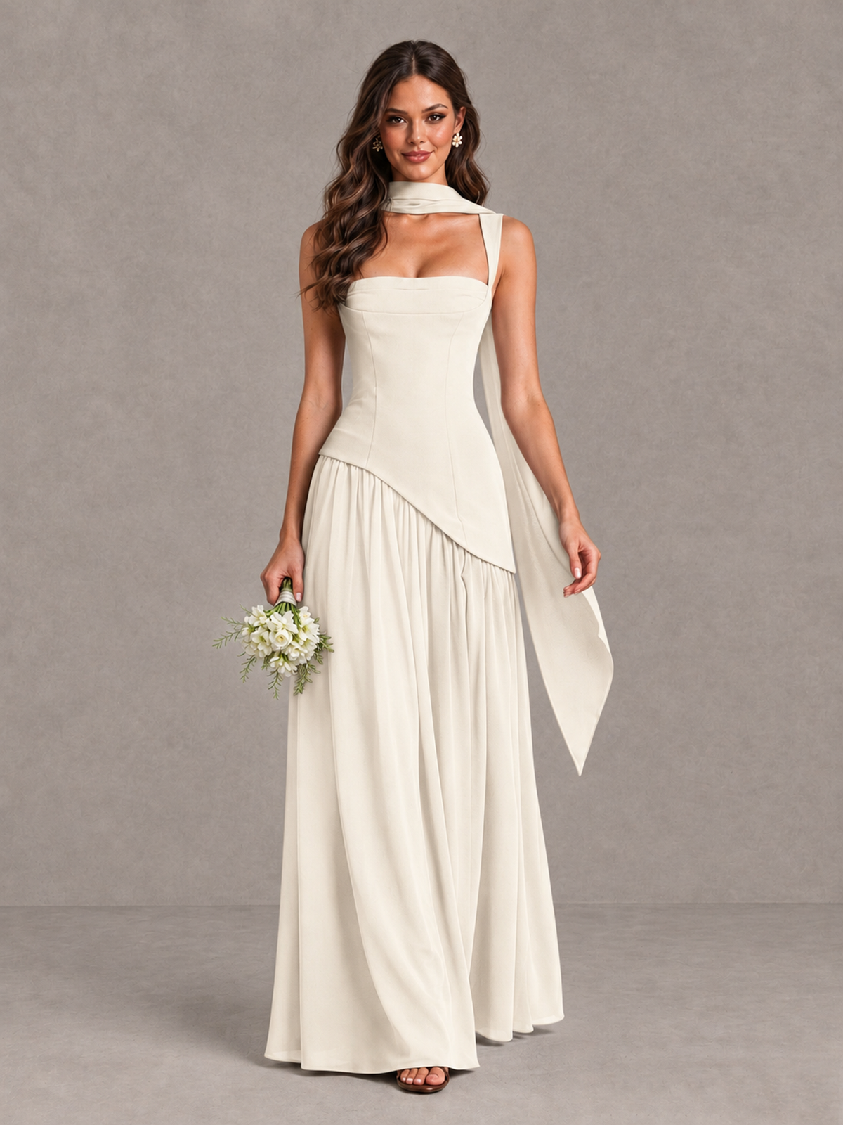 BOLODOO Ivory Brown Scarf Bridesmaid Dress with Lace-Up Back - Ivory - Ivory (1)
