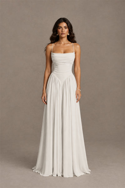 BOLODOO Ivory Spaghetti Strap Square Neck Ruched Chiffon Maxi Dress with Lace-Up Back - Ivory
