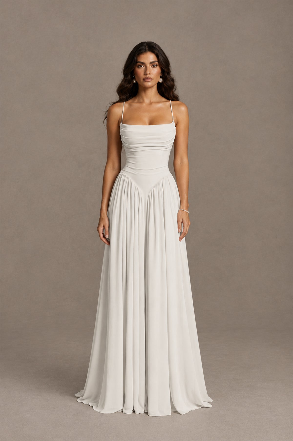BOLODOO Ivory Spaghetti Strap Square Neck Ruched Chiffon Maxi Dress with Lace-Up Back - Ivory