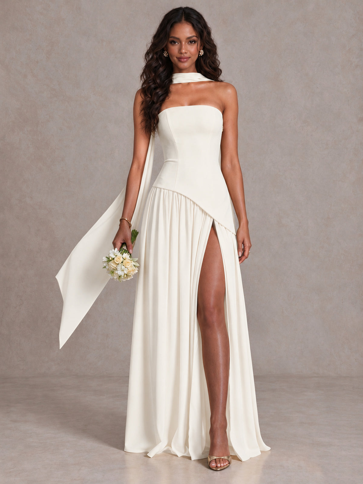 Ivory Strapless Bridesmaid Dress with Scarf & High Slit - Ivory - Ivory (1)