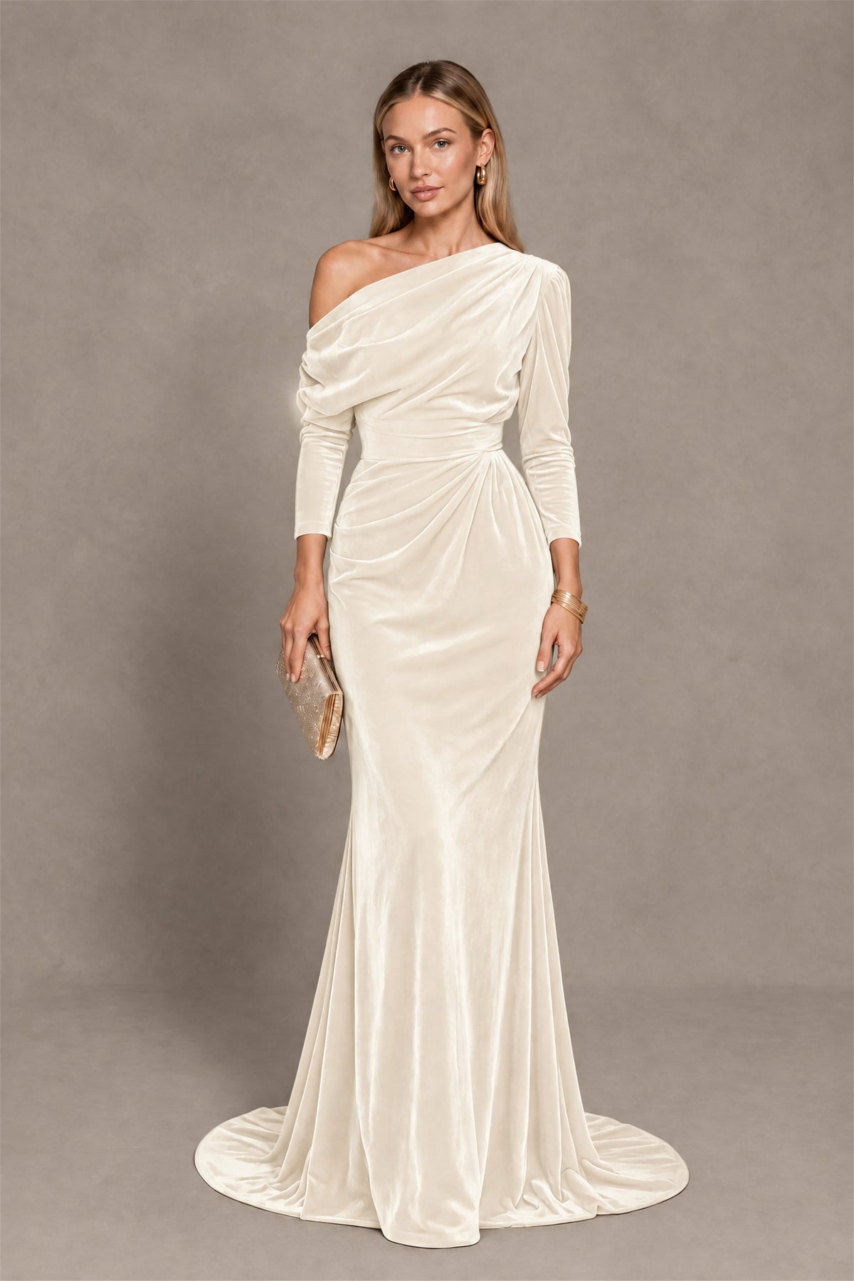 BOLODOO Ivory Velvet One-Shoulder Long Sleeve Evening Gown - Ivory