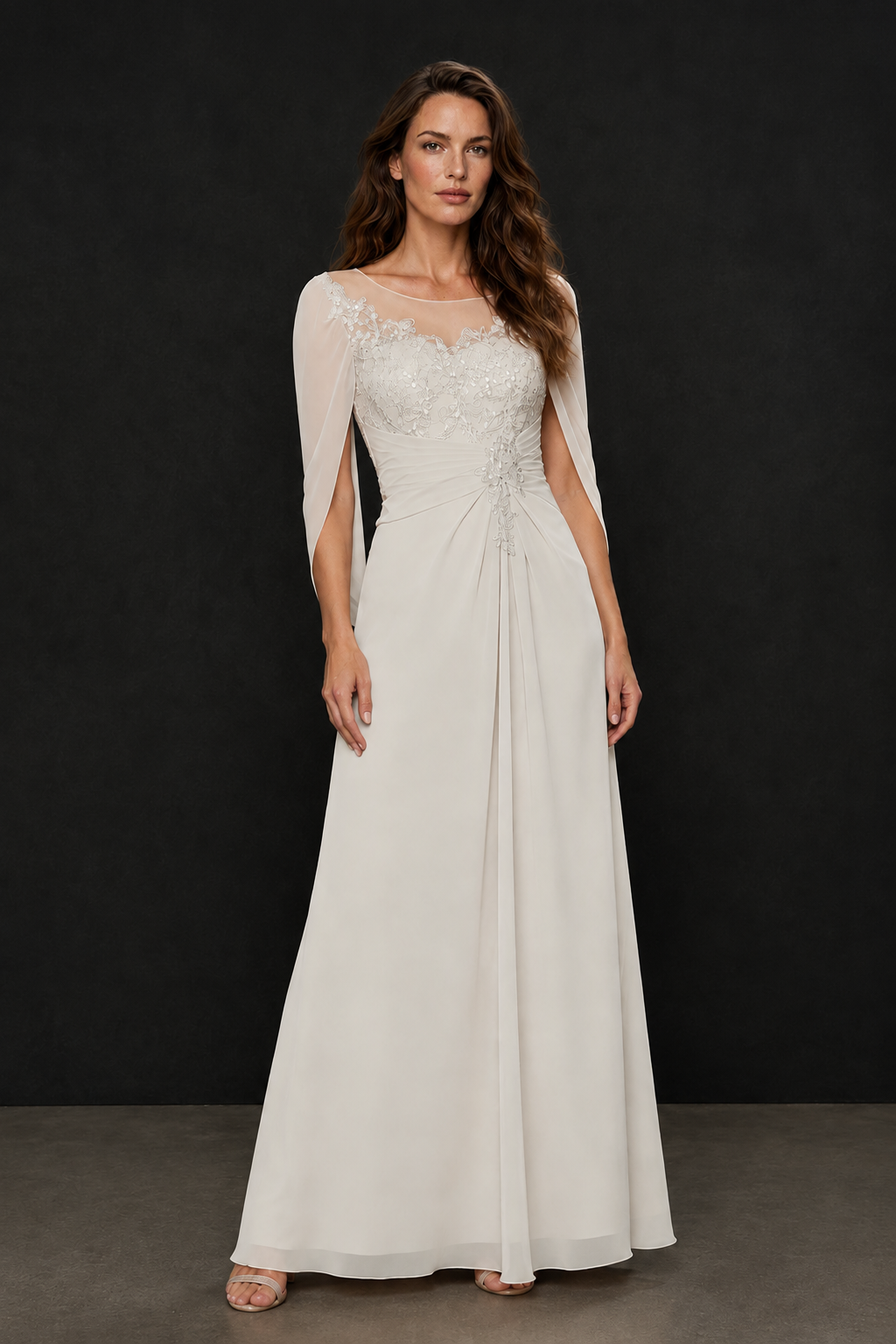 BOLODOO Ivory Illusion Lace One-Side Cape Sleeve Beaded Chiffon Floor Length Gown | Mother of the Bride Evening Dress - Ivory