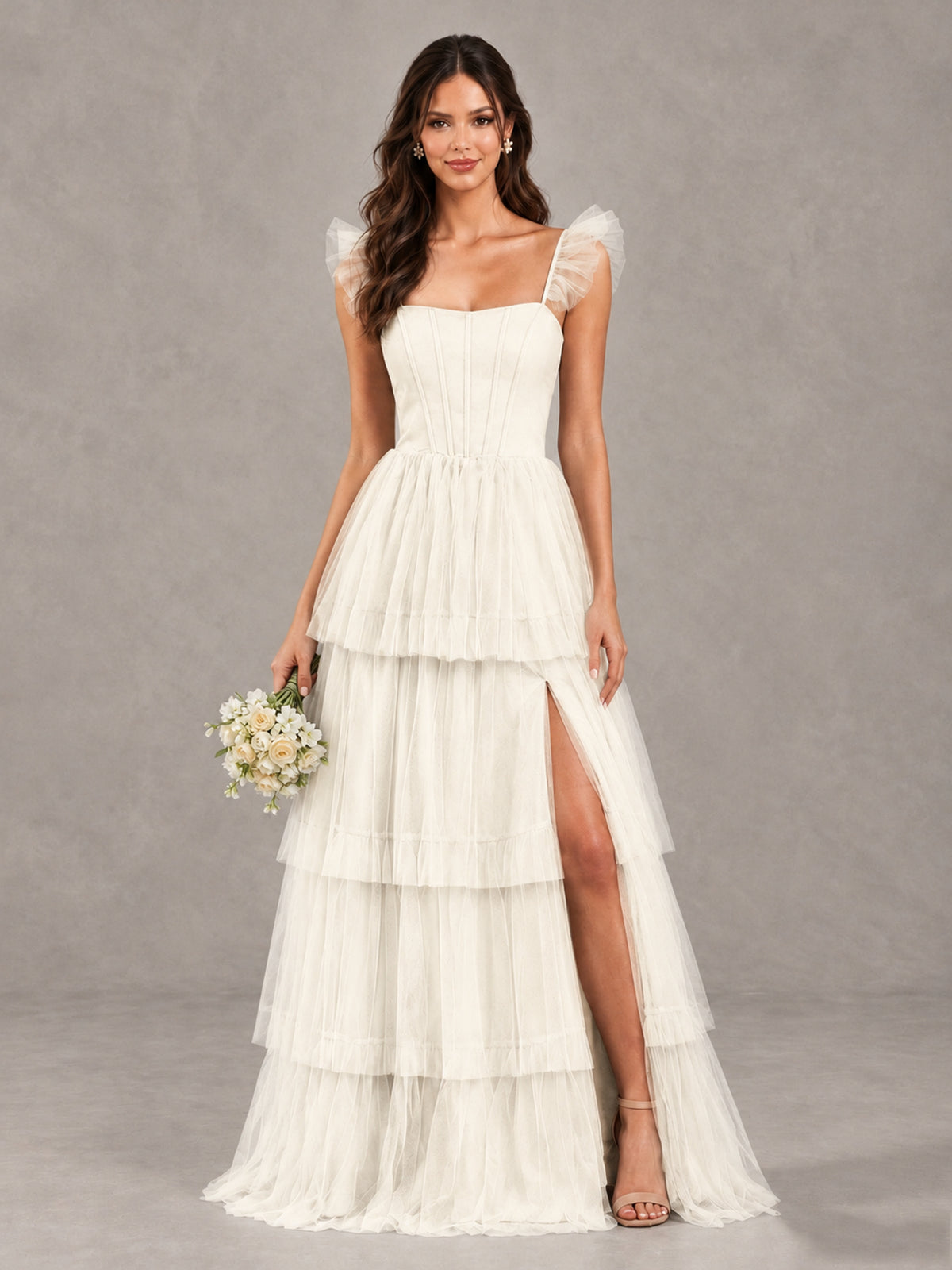 BOLODOO Ivory Tiered Tulle Bridesmaid Dress with Slit - Ivory - Ivory (1)