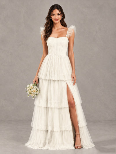 BOLODOO Ivory Tiered Tulle Bridesmaid Dress with Slit - Ivory - Ivory (1)