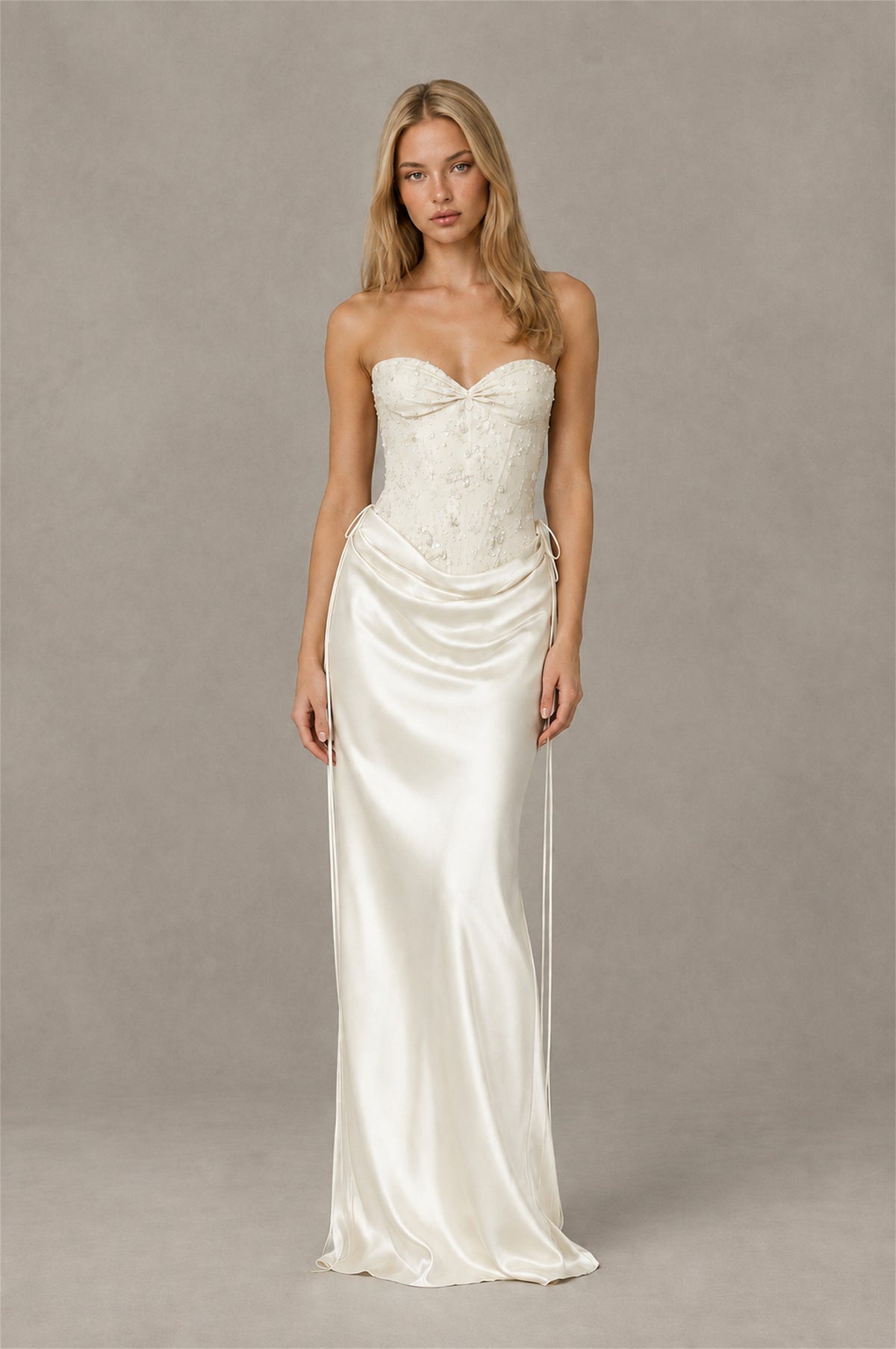 BOLODOO Ivory Strapless Embellished Corset Satin-Look Maxi Dress - Ivory