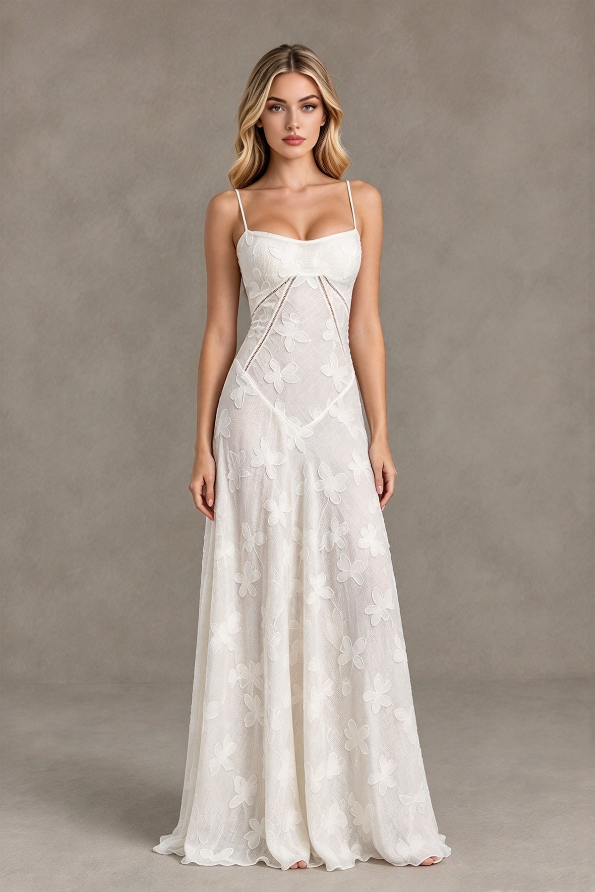 BOLODOO Ivory Floral Lace Wedding Guest Dress Spaghetti Straps Prom Dress - Ivory - Ivory (1)