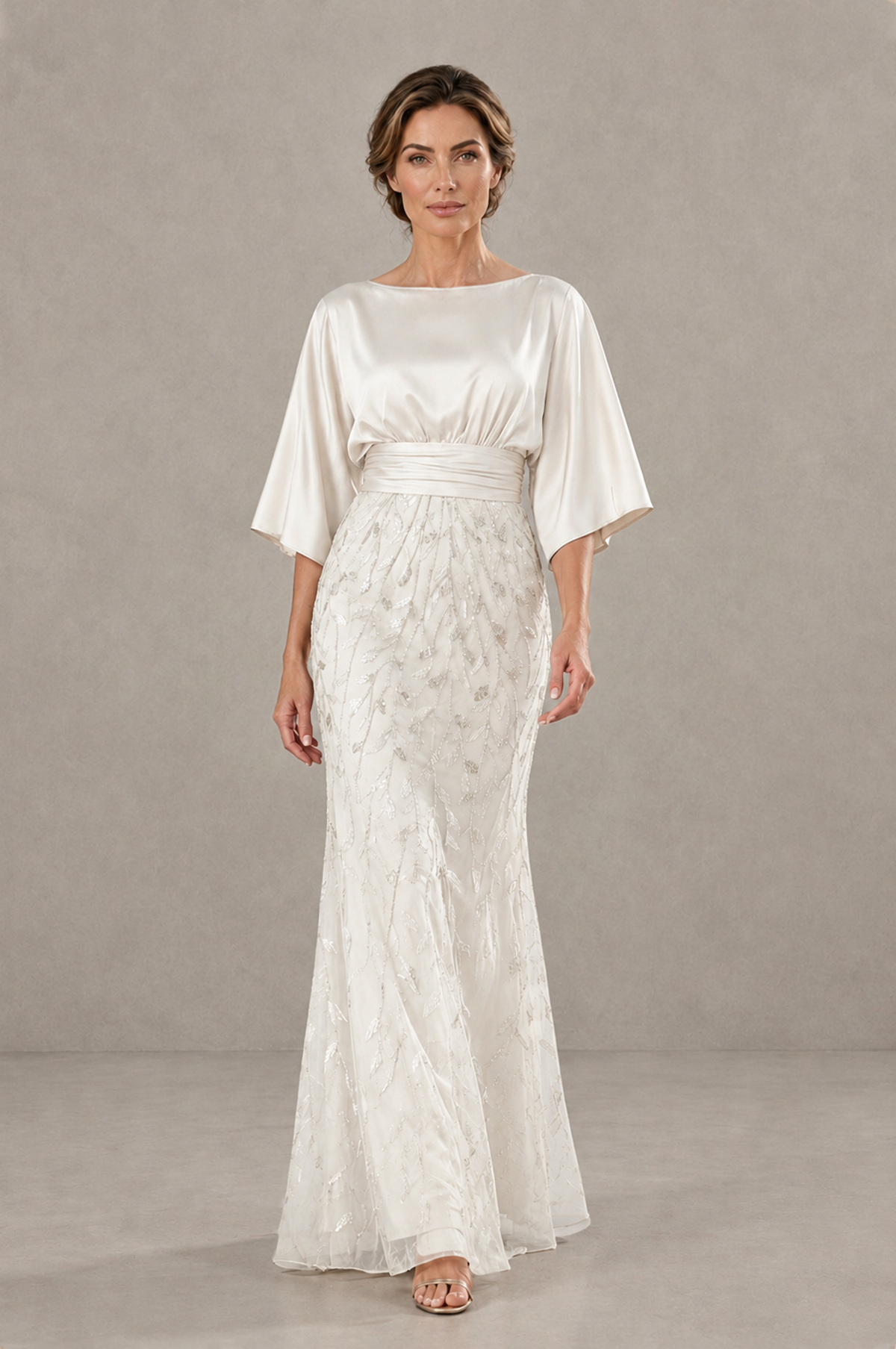 BOLODOO Ivory Mother of the Bride Dress with Kimono Sleeves, Satin Bodice & Sequin Embroidered Mermaid Floor-Length Gown - Ivory - Ivory (1)