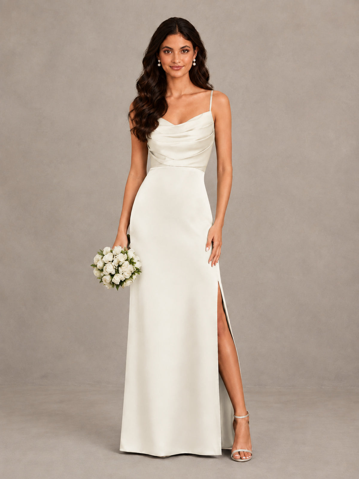 BOLODOO Ivory Cowl Neck Satin Bridesmaid Dress with Slit - Ivory - Ivory (1)