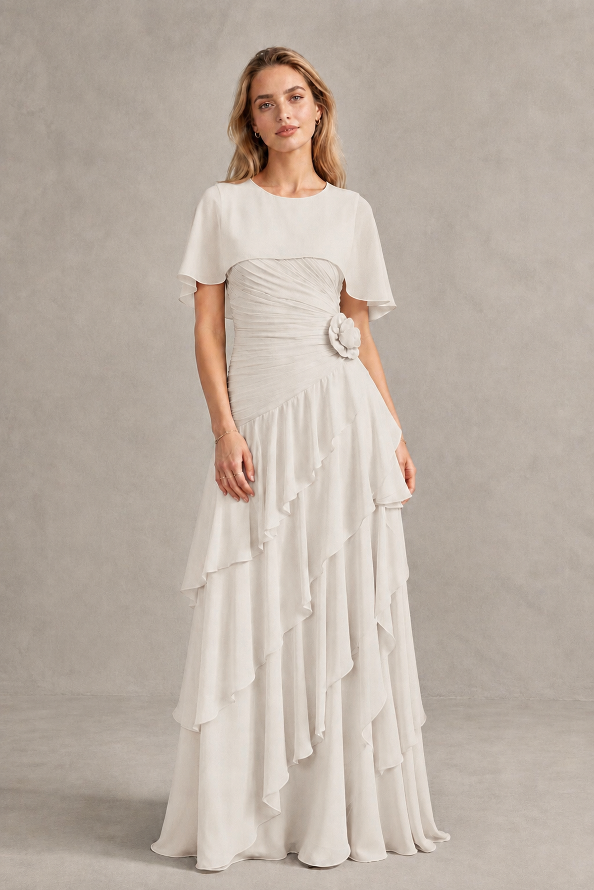BOLODOO Ivory Chiffon Flutter Sleeve Tiered Maxi Dress with 3D Rosette - Ivory