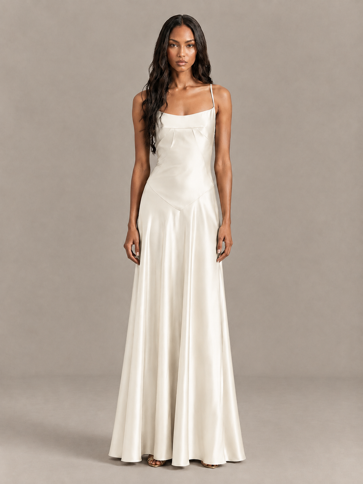 BOLODOO Ivory Satin Lace-Up Back Maxi Dress - Ivory