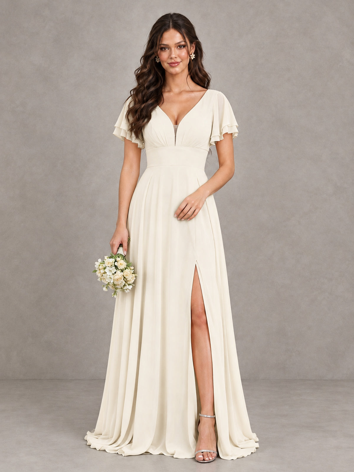 BOLODOO Ivory Flutter Sleeve Chiffon A-Line Maxi Bridesmaid Dress with Open Back & Slit - Ivory - Ivory (1)