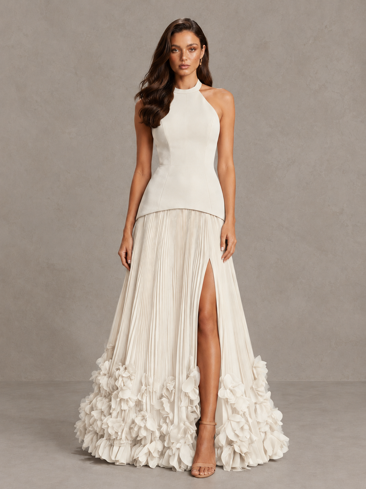 BOLODOO Ivory Halter Neck Floor-Length Evening Gown with High Slit & 3D Floral Hem - Ivory - Ivory (1)