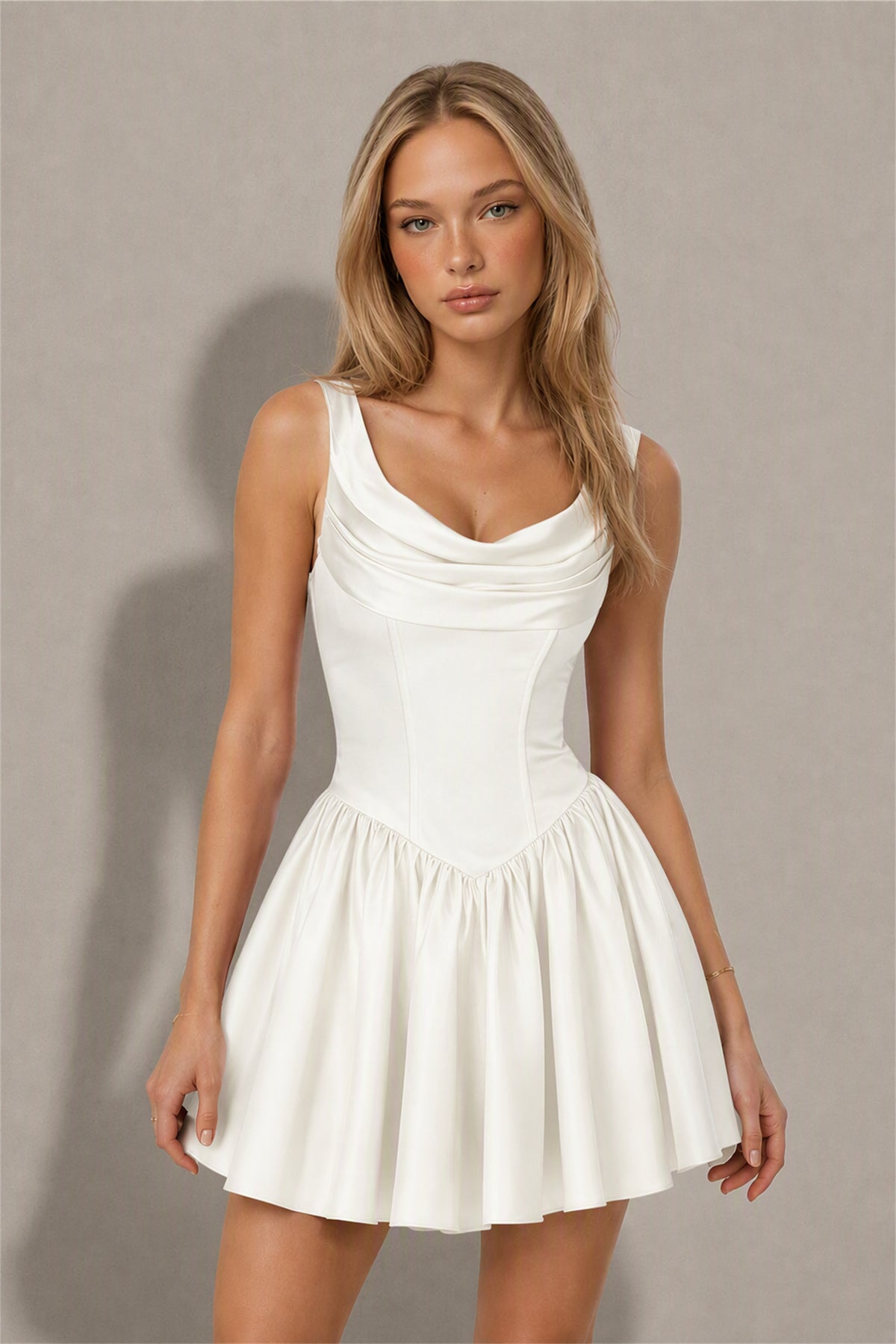 BOLODOO Ivory Satin Cowl Neck Wide Strap Corset Lace-Up Back Fit and Flare Mini Dress | Prom Cocktail Date Night Dress - Ivory
