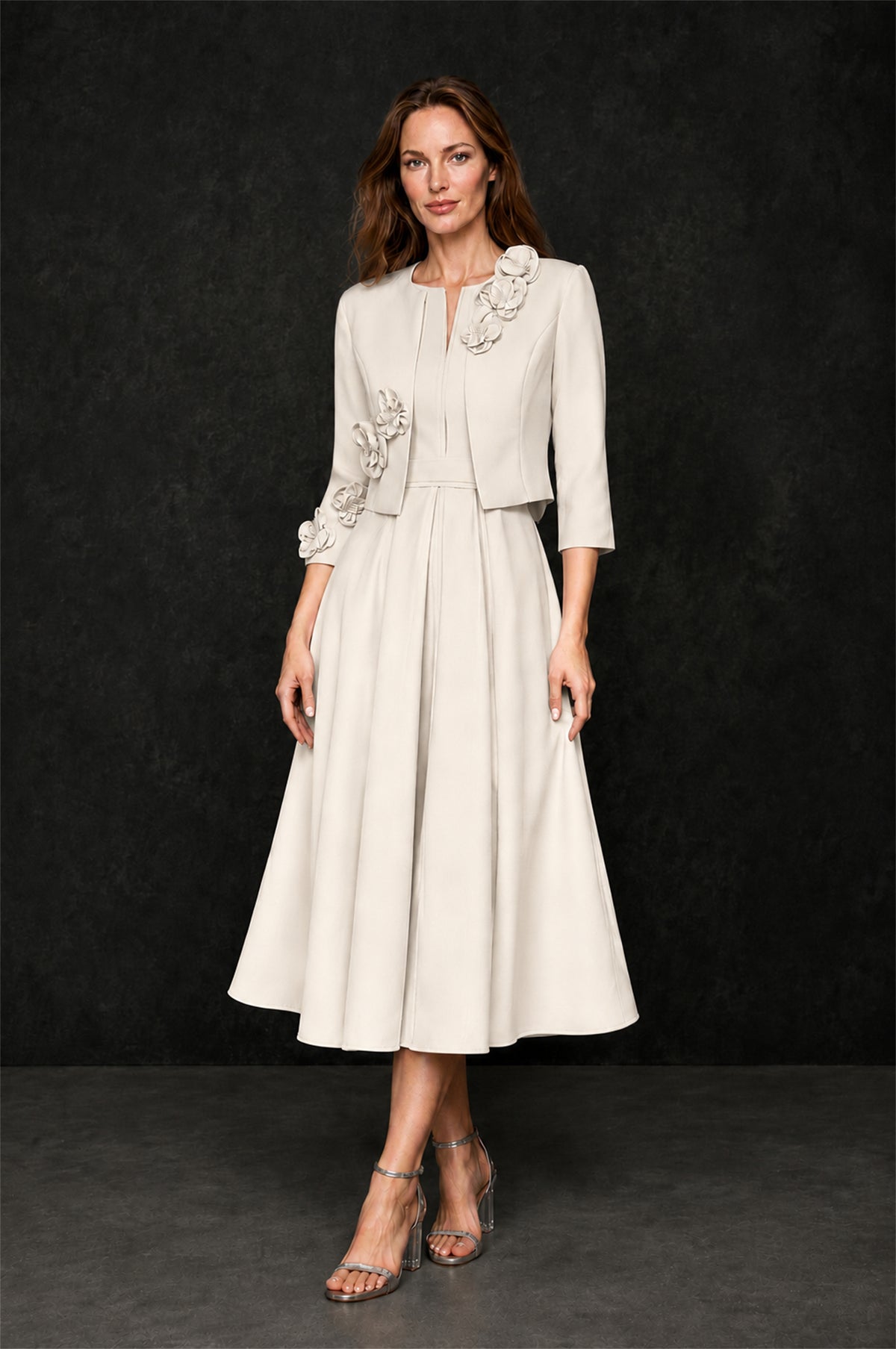 BOLODOO Ivory 3D Rosette Appliqué 3/4 Sleeve Jacket & V-Notch Sleeveless A-Line Tea-Length Two-Piece Dress Set - Ivory