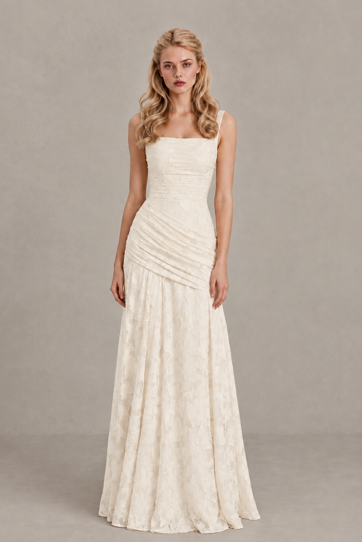 BOLODOO Ivory Ruched Floral Maxi Dress with Lace-Up Back - Ivory
