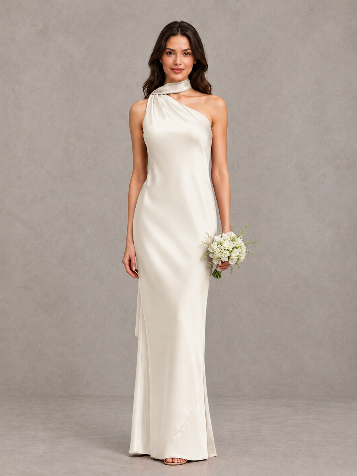 BOLODOO Ivory Satin One-Shoulder Bridesmaid Dress with Open Back - Ivory - Ivory (1)