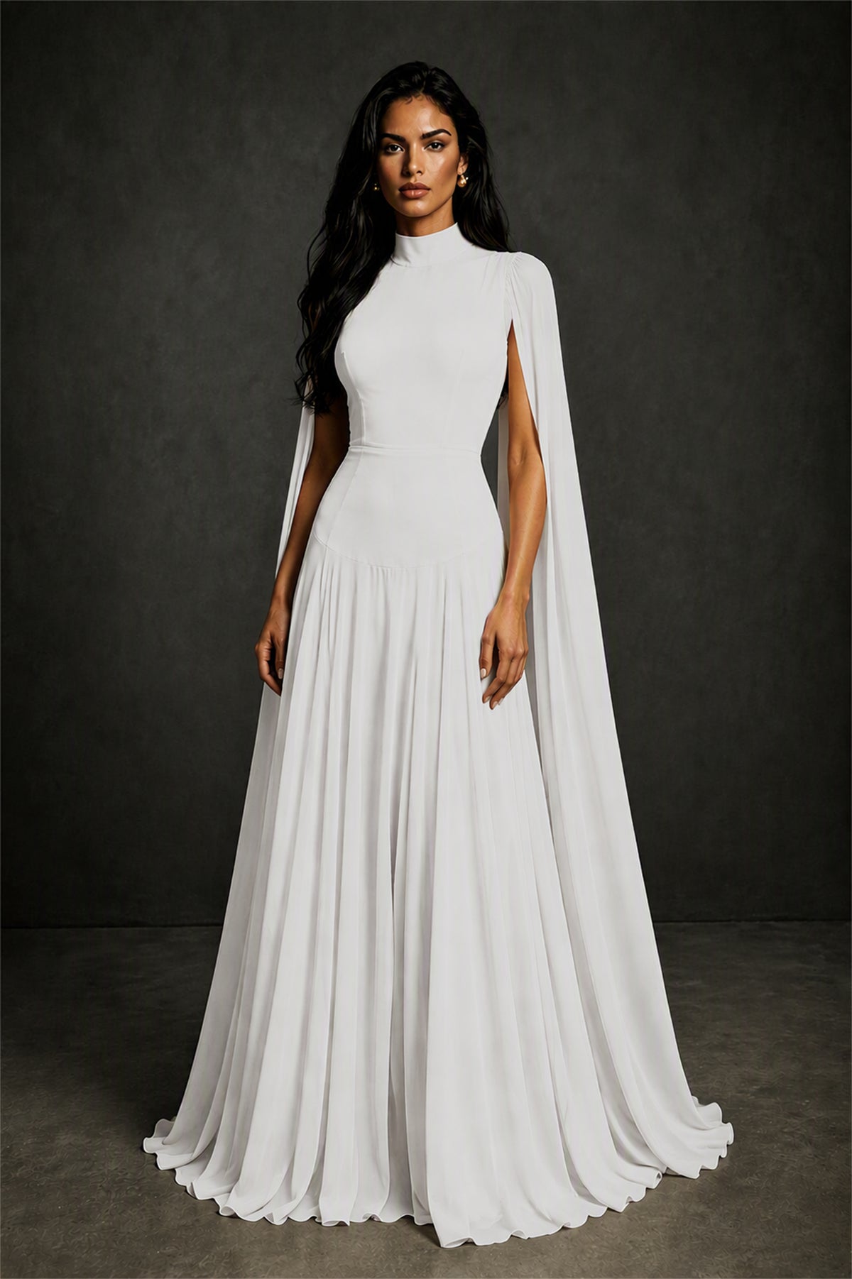 BOLODOO Ivory Mock Neck Cape Sleeve A-Line Chiffon Maxi Dress - Ivory