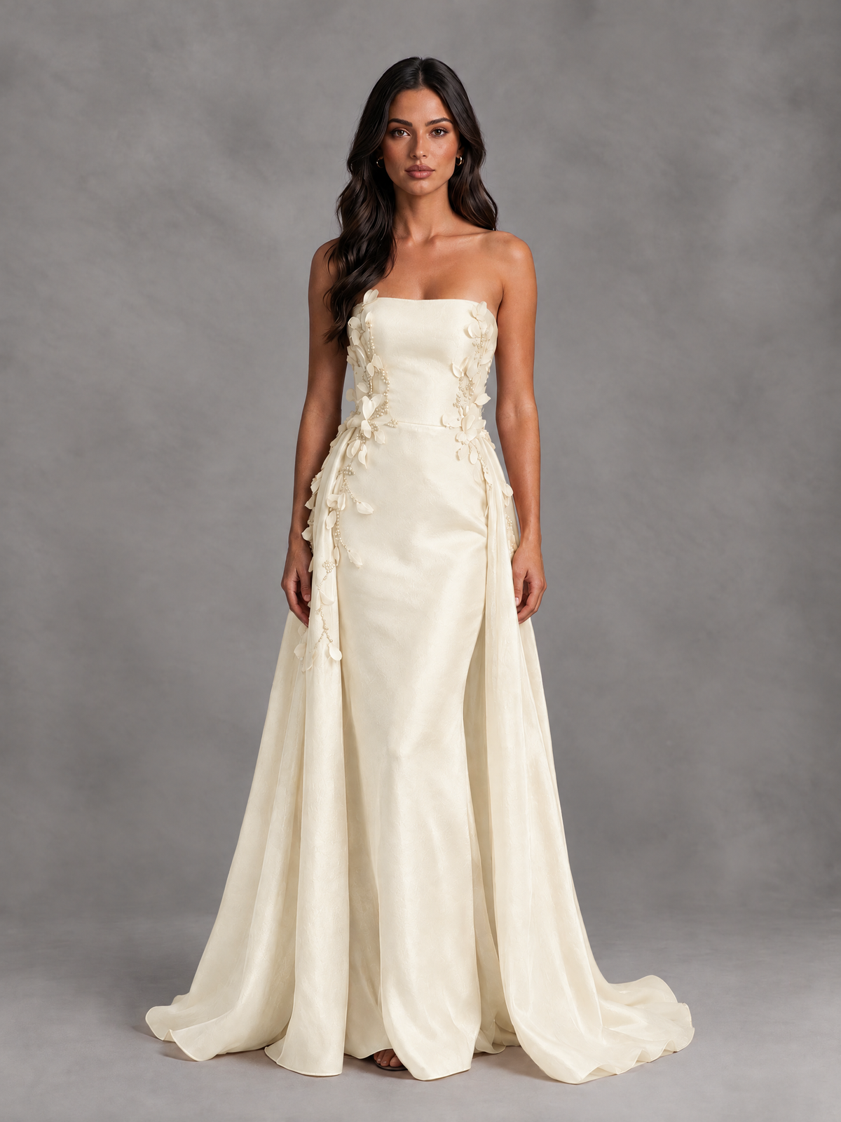 BOLODOO Ivory Strapless Floral Applique Prom Dress with Overskirt - Ivory - Ivory (1)