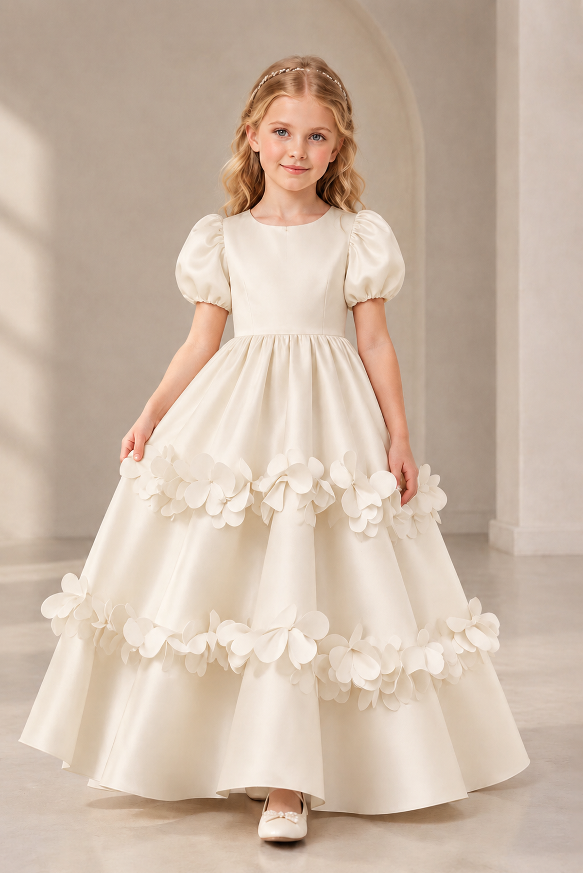 BOLODOO Ivory Satin Flower Girl Dress with Floral Appliques - Ivory
