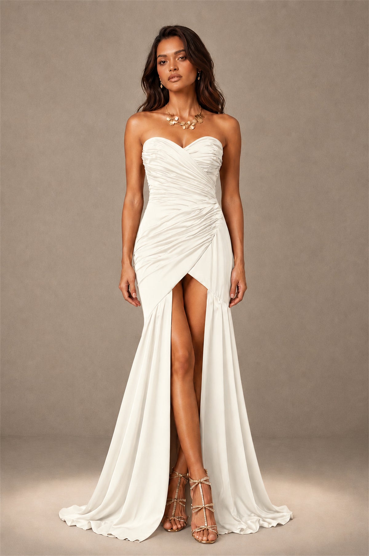 BOLODOO Ivory Brown Stretch Satin Sweetheart Strapless Ruched Open Back High Slit Mermaid Maxi Dress - Ivory