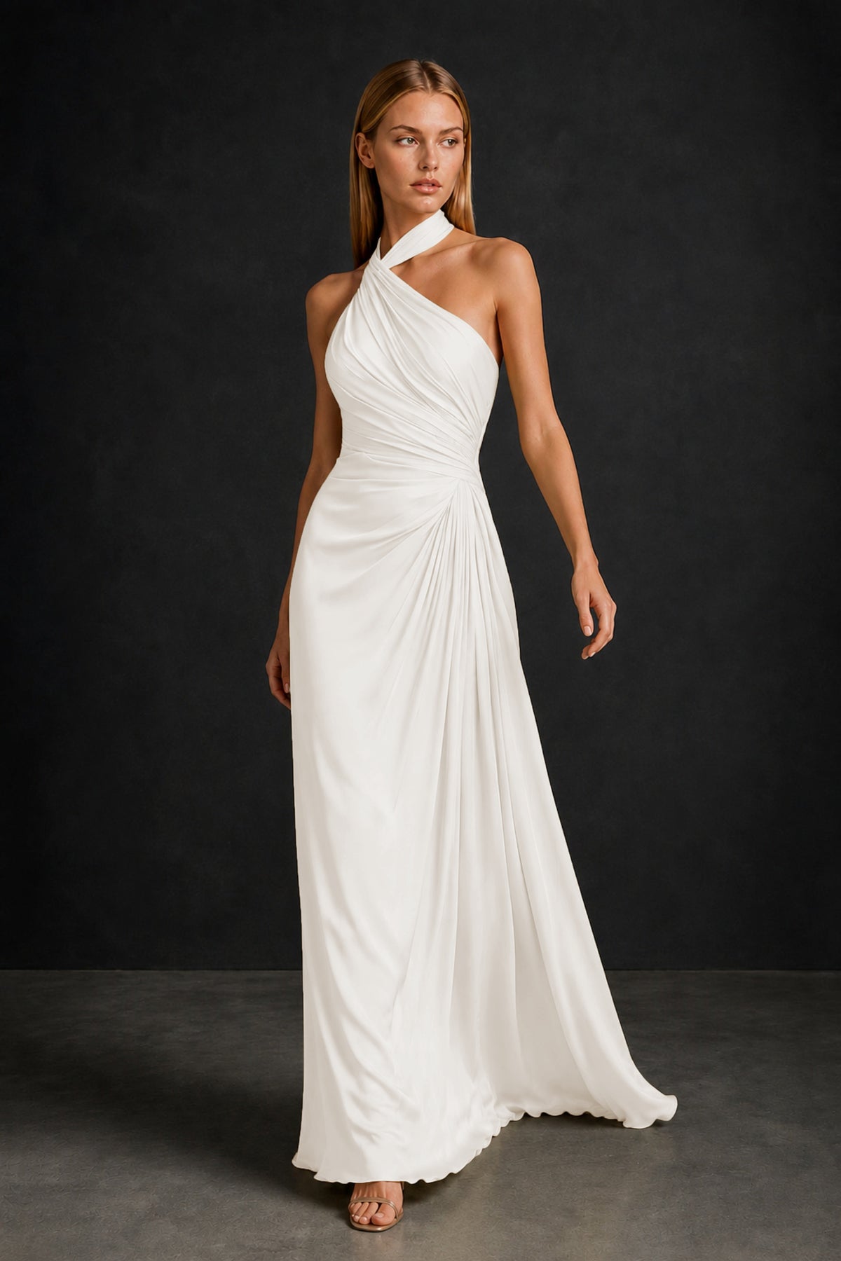 BOLODOO Ivory Twisted Halter Neck Ruched Sleeveless Open Back Floor-Length Gown - Ivory