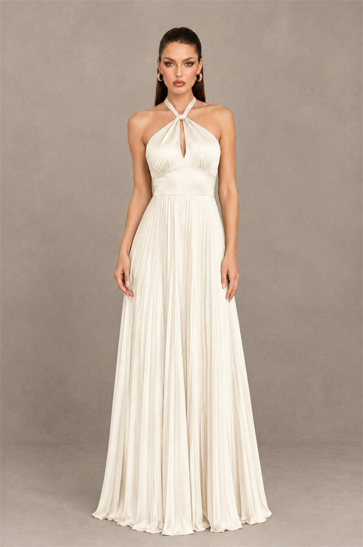 BOLODOO Ivory Halter Pleated A-Line Evening Dress - Ivory