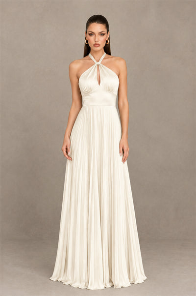 BOLODOO Ivory Halter Pleated A-Line Evening Dress - Ivory