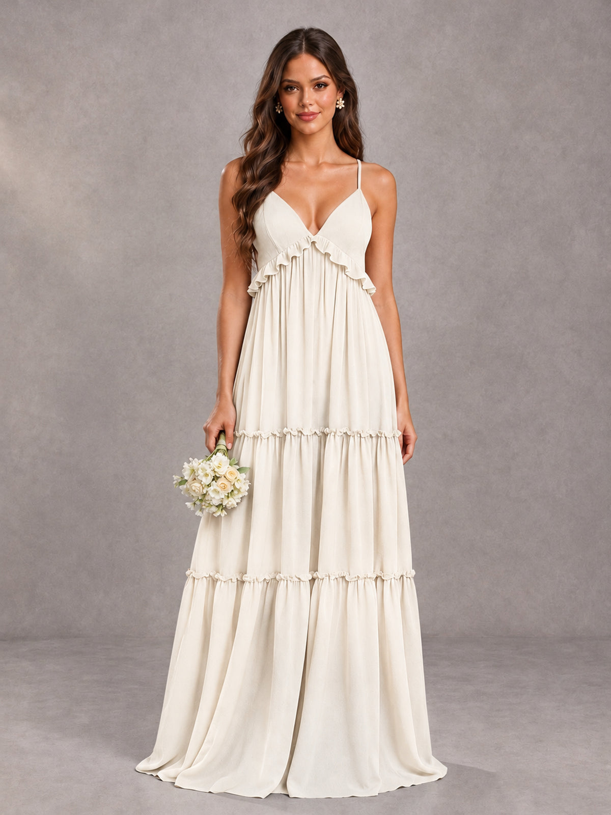 BOLODOO Ivory Tiered V-Neck Lace-Up Back Bridesmaid Dress - Ivory - Ivory (1)