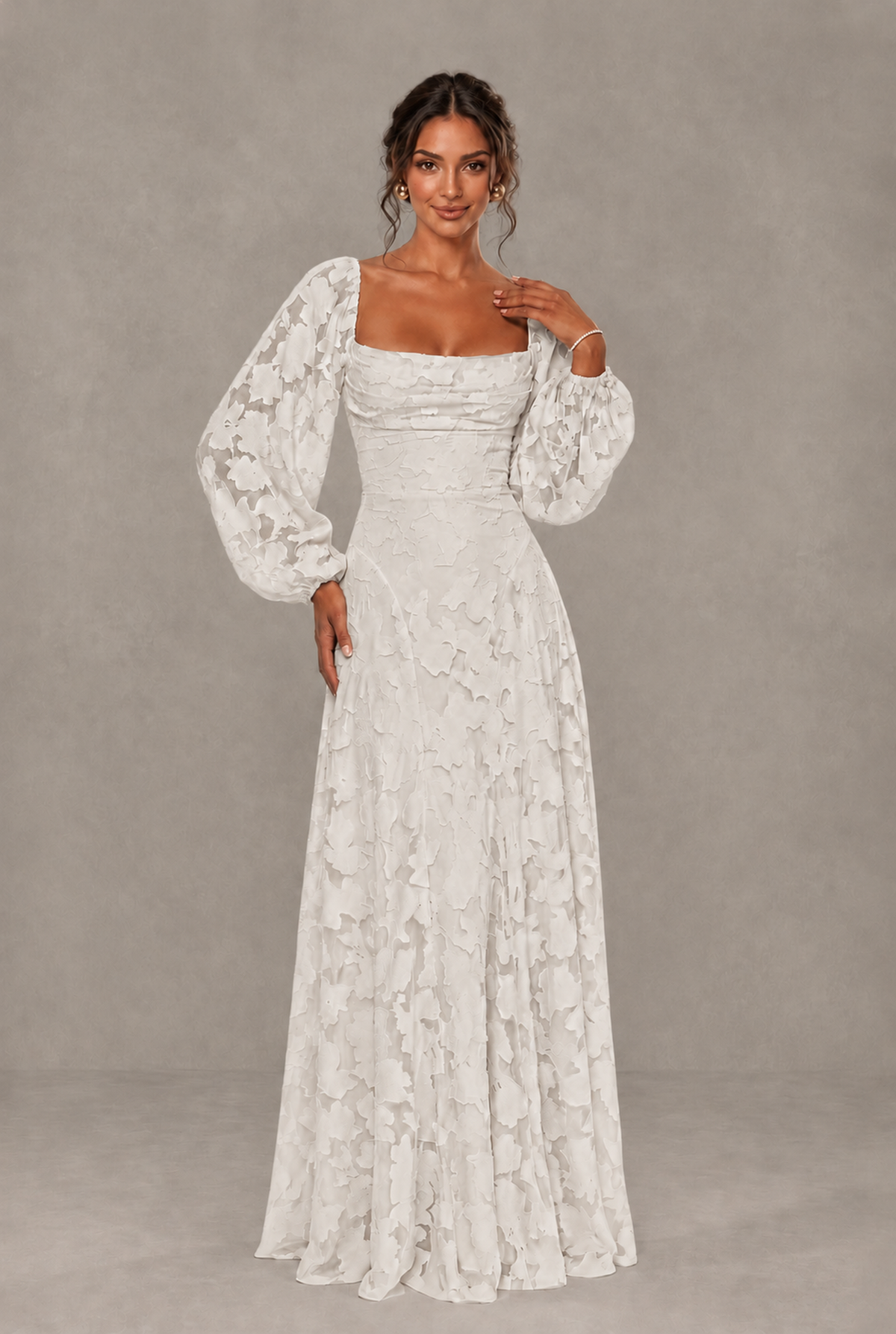 BOLODOO Floral Ivory Long Sleeve A-Line Dress with Lace-Up Back - Ivory