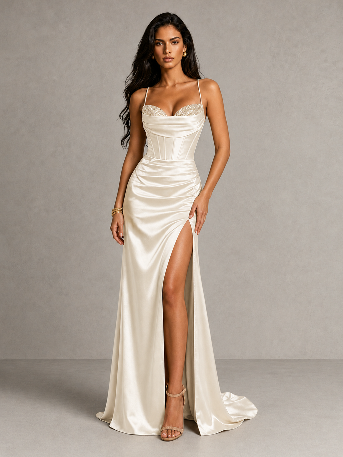 BOLODOO Ivory Satin Corset Prom Dress with High Slit & Lace-Up Back - Ivory - Ivory (1)