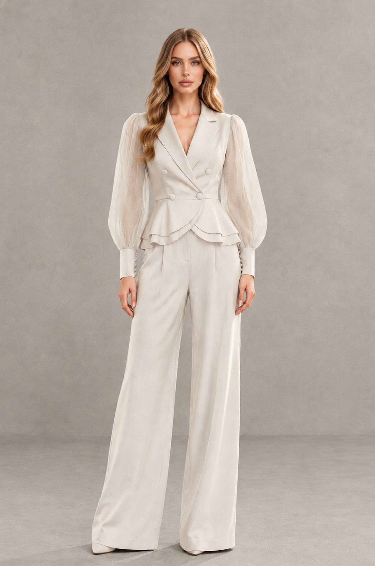 BOLODOO Mint Ivory Peplum Blazer Wide-Leg Pantsuit with Sheer Puff Sleeves - Ivory