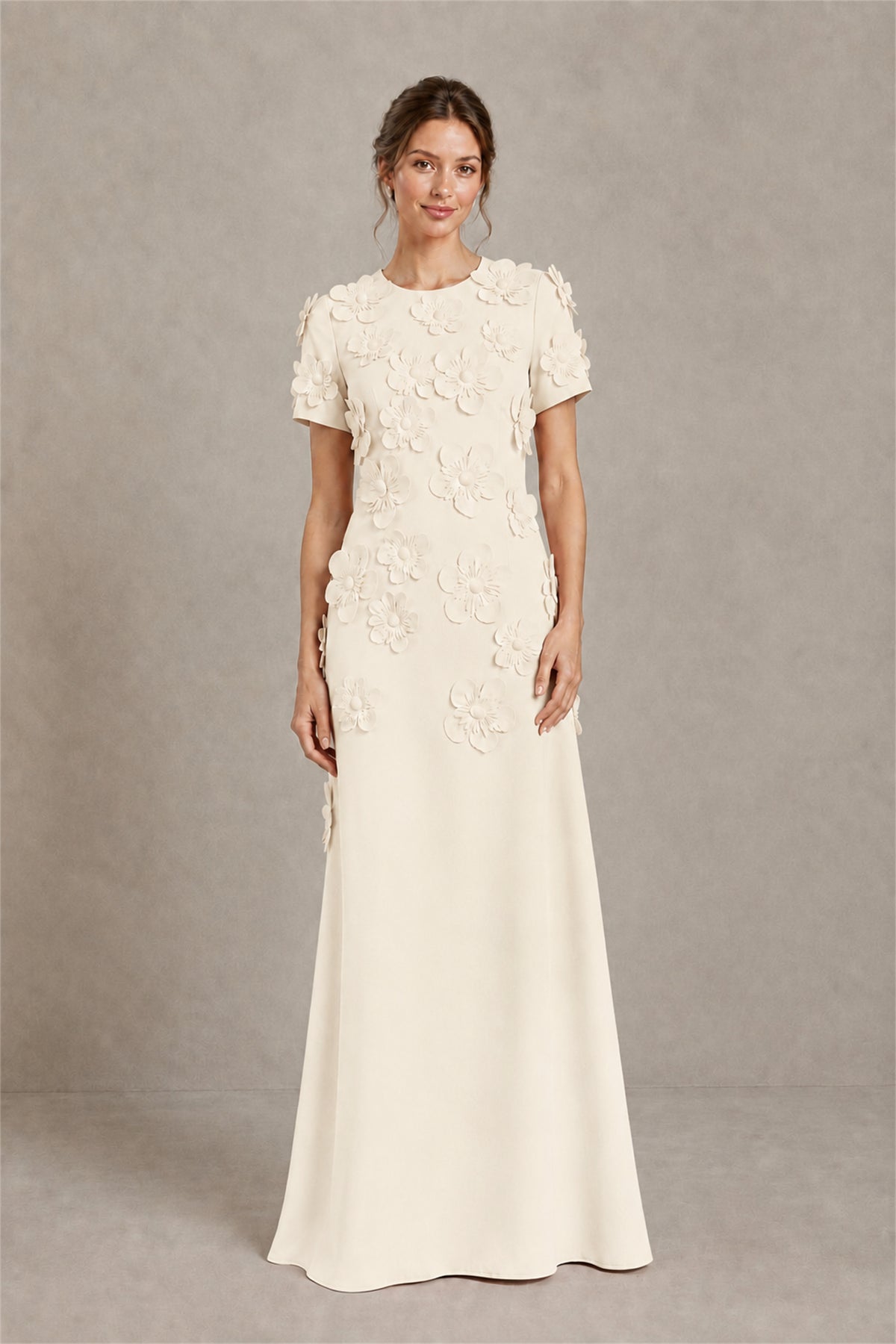 BOLODOO Ivory Textured Floral Maxi Dress with Short Sleeves - Ivory