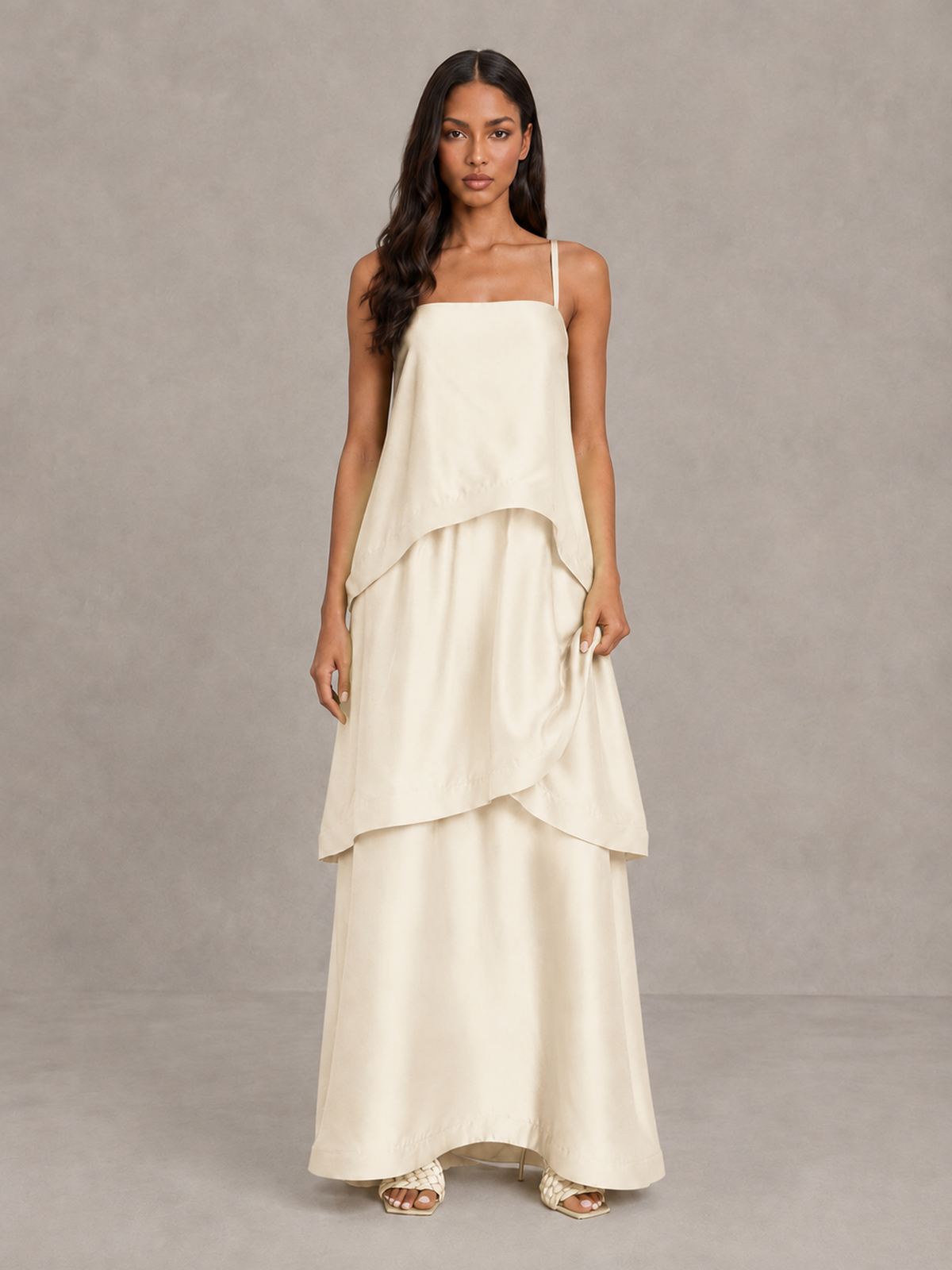 BOLODOO Ivory Satin Tiered Maxi Dress with Spaghetti Straps - Ivory