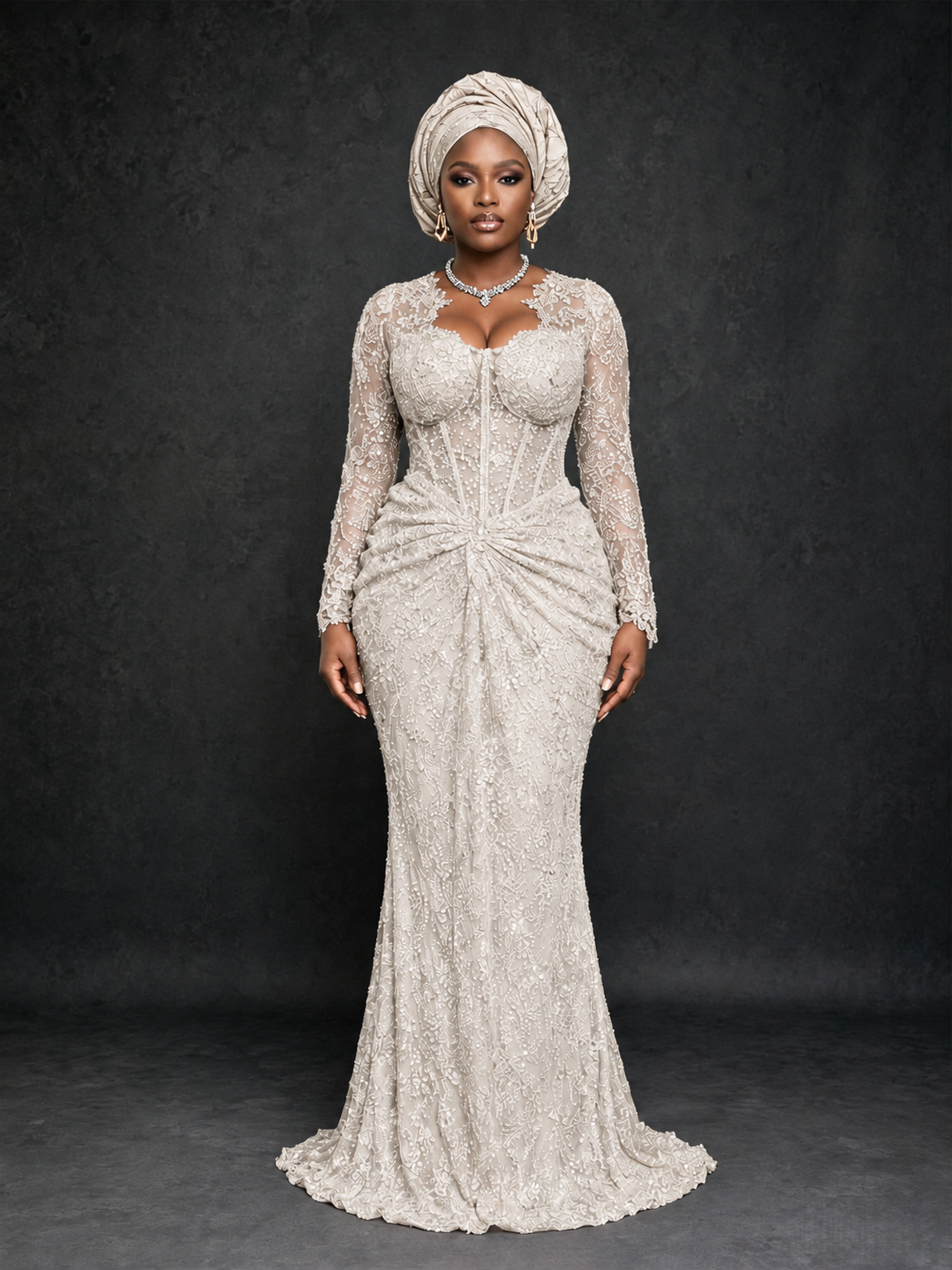 BOLODOO Ivory Beaded Lace Long Sleeve Mermaid Gown Sweetheart | Mother of the Bride - Ivory
