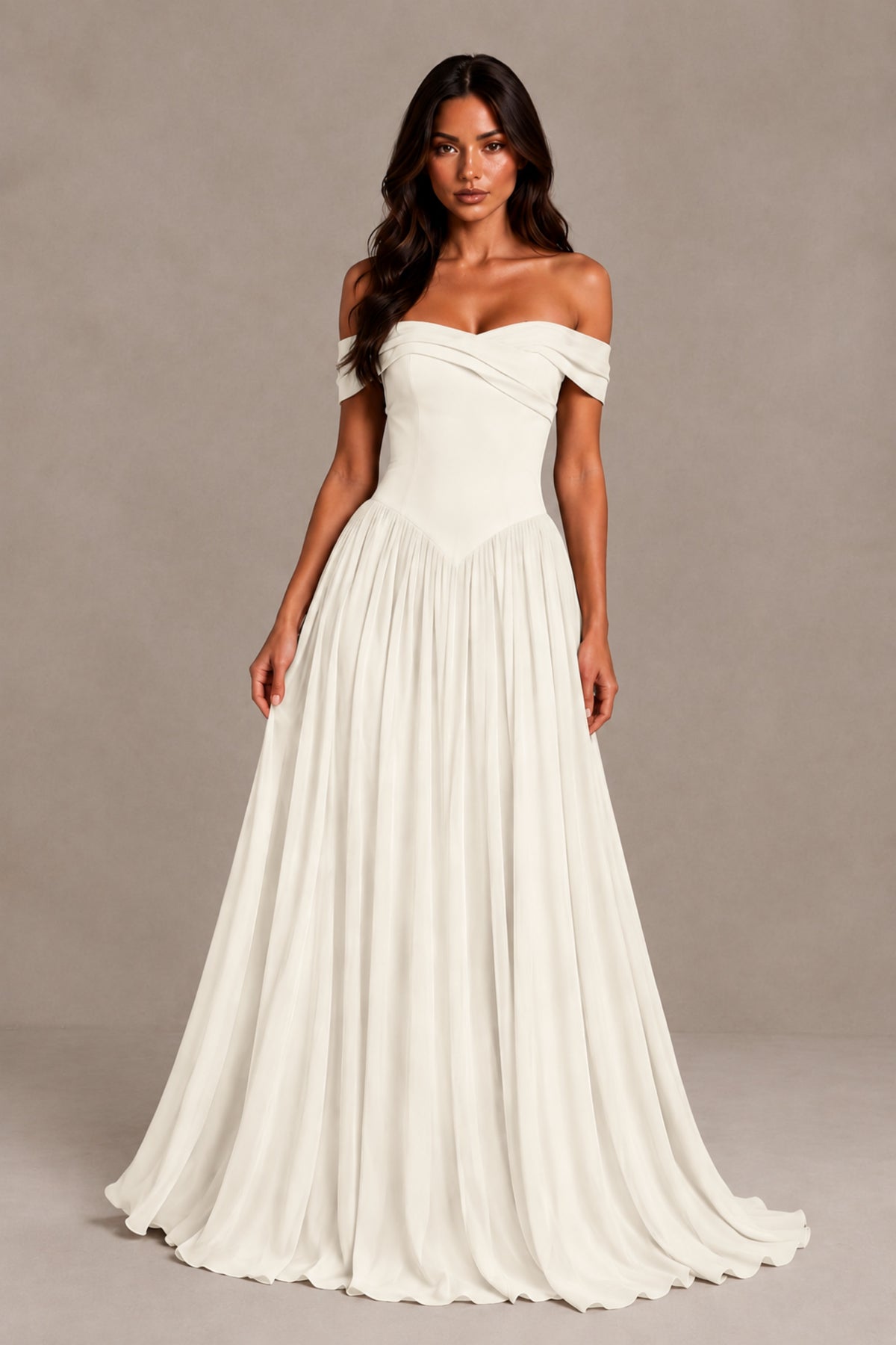 BOLODOO Ivory Off-Shoulder Sweetheart Corset Pleated Chiffon Maxi Dress - Ivory - Ivory (1)