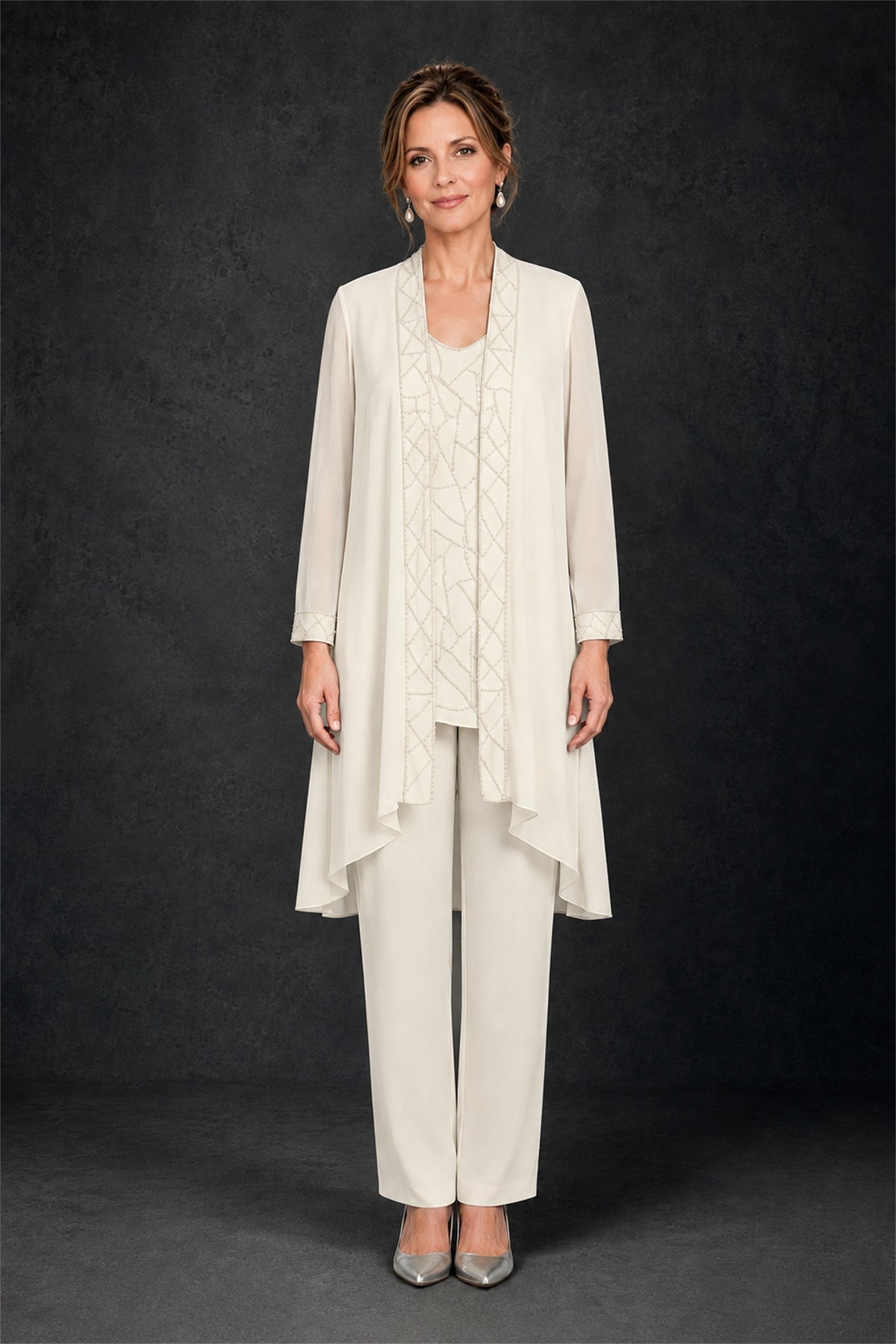 BOLODOO Ivory 3-Piece Beaded Chiffon Duster Jacket Pant Suit - Ivory