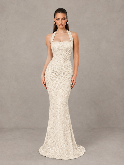 BOLODOO Ivory Sequin Halter Mermaid Evening Gown - Ivory - Ivory (1)