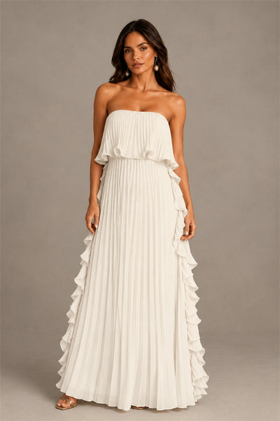 BOLODOO Ivory Strapless Ruffle Bodice Dual Cascading Ruffle Accordion Pleated Chiffon Maxi Dress - Ivory