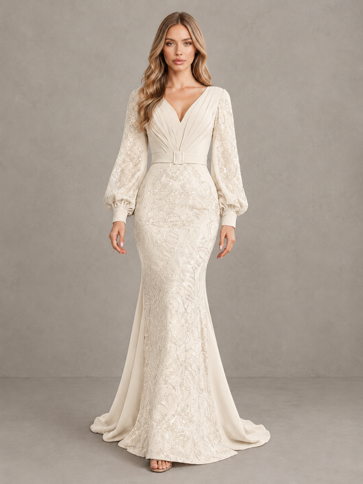 BOLODOO Ivory Sequin Long Bishop Sleeve Mermaid Evening Dress - Ivory - Ivory (1)