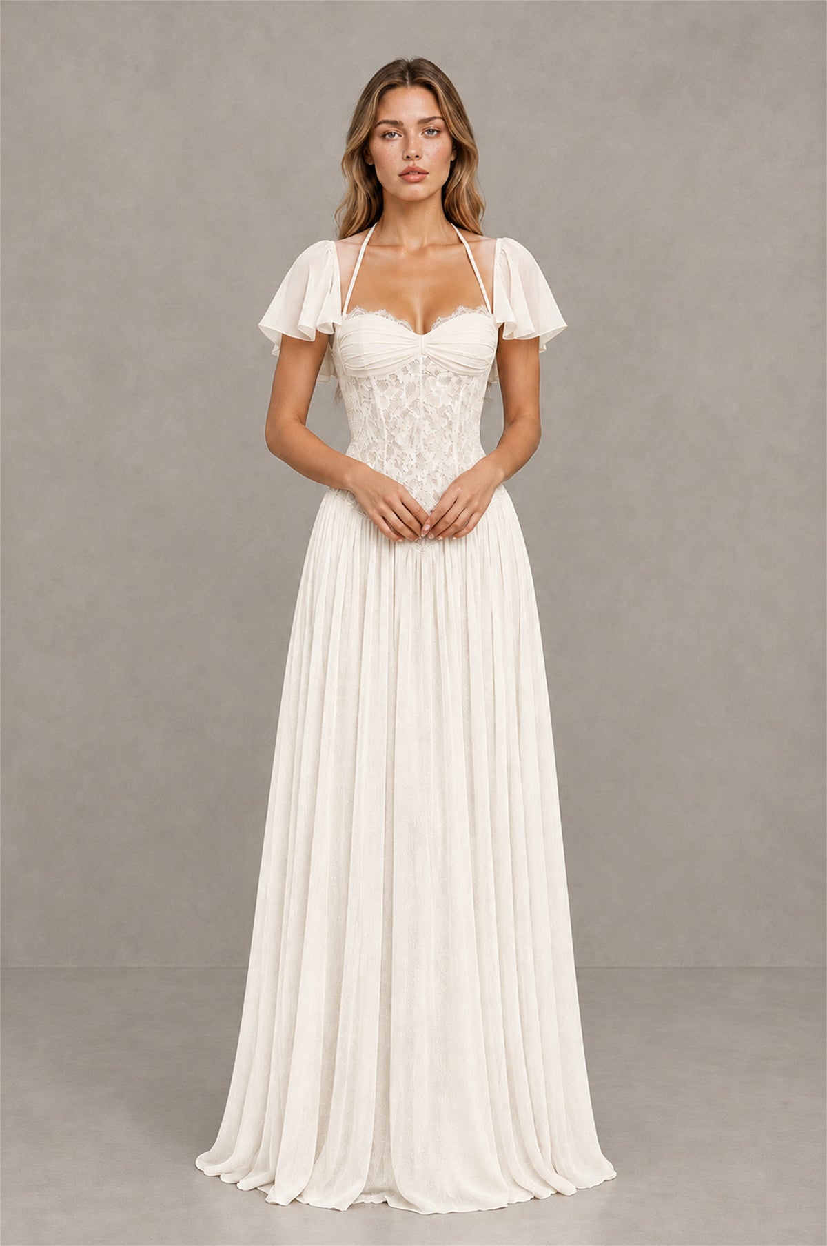 BOLODOO Ivory Flutter Sleeve Lace Corset A-Line Maxi Dress - Ivory - Ivory (1)