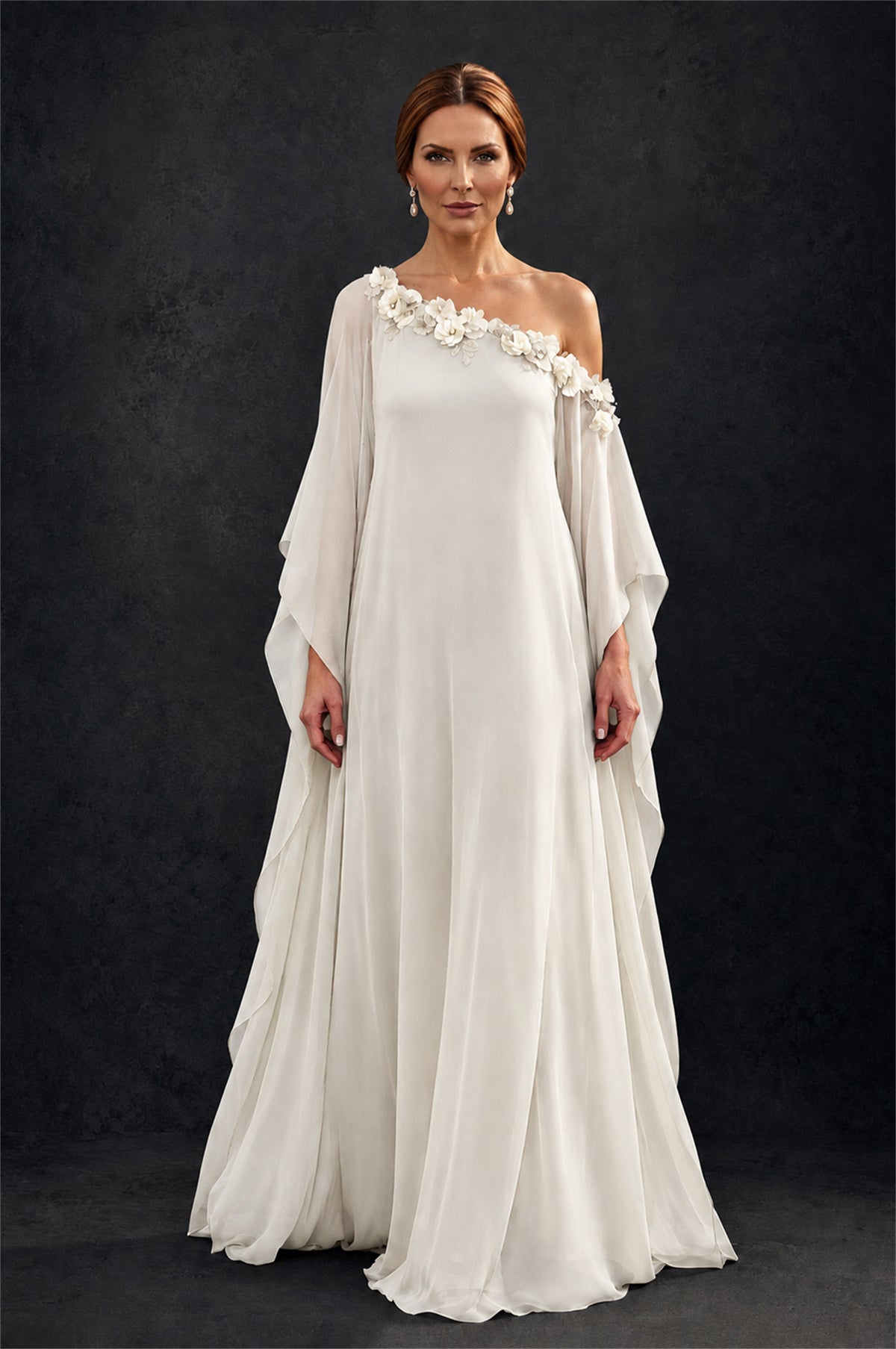BOLODOO Ivory 2-Piece Set: Off-Shoulder 3D Floral Cape Gown & One-Shoulder Wide-Leg Jumpsuit | BD0373 - Ivory