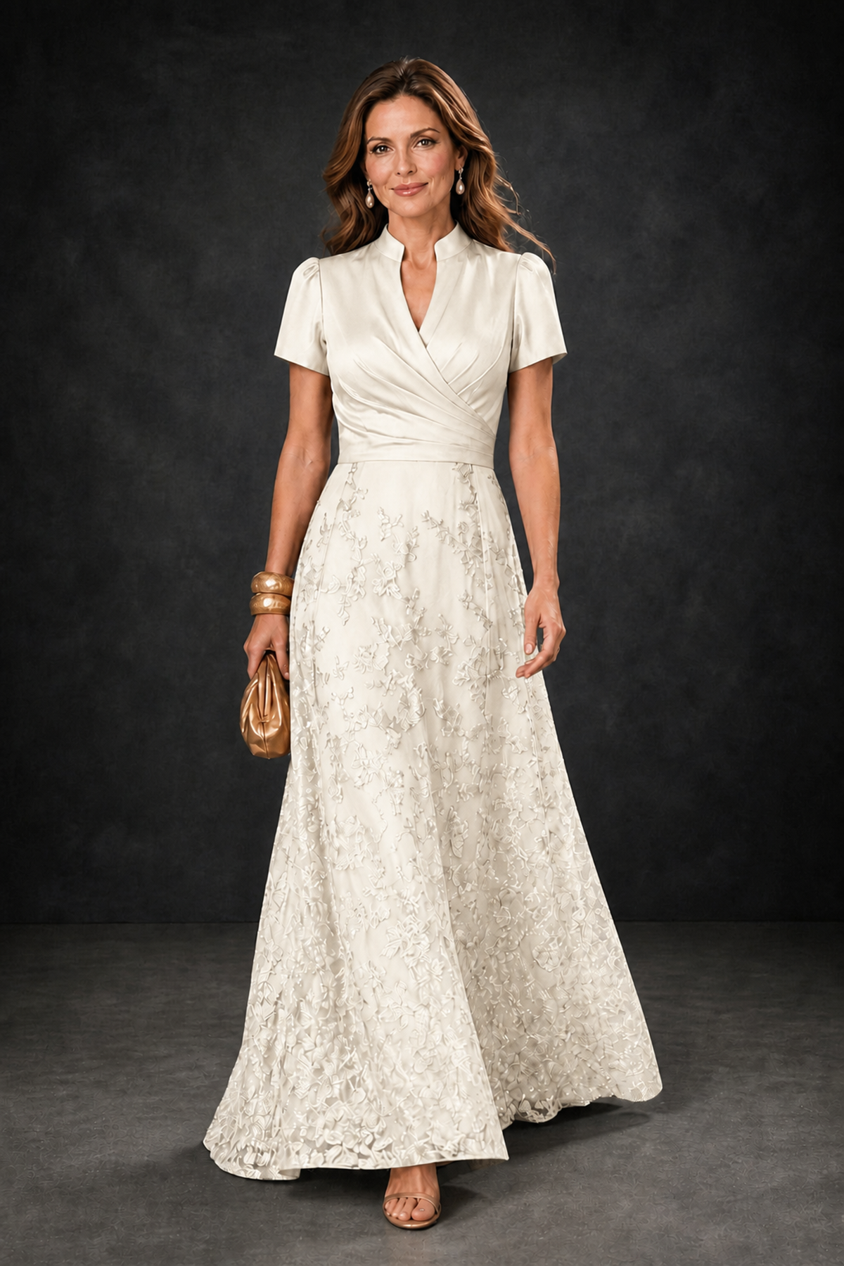 BOLODOO Ivory Satin Wrap V-Neck Short Sleeve Lace Glitter A-Line Floor Length Evening Gown – Formal Dress - Ivory - Ivory (1)