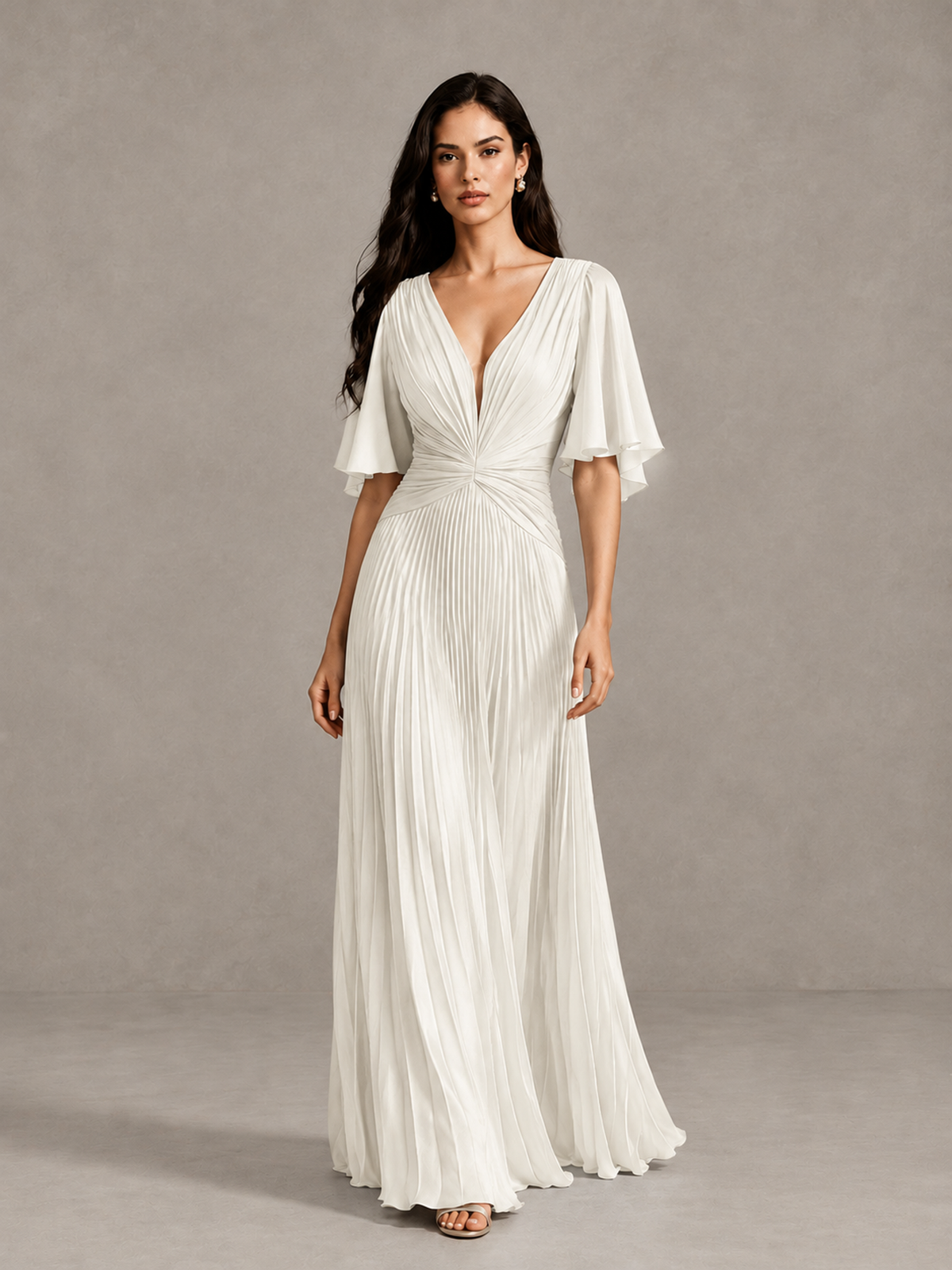 BOLODOO Ivory Pleated V-Neck Flutter Sleeve Bridesmaid Dress - Ivory - Ivory (1)