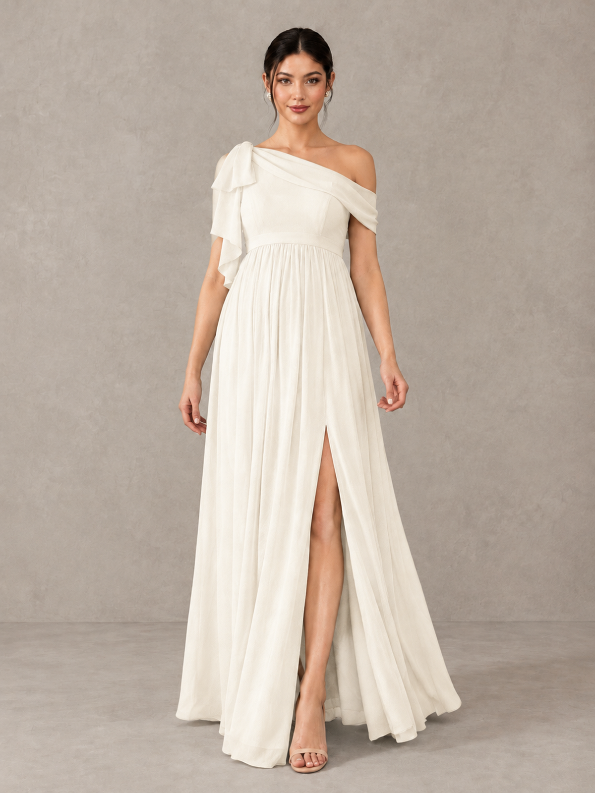 BOLODOO Ivory One-Shoulder Maternity Bridesmaid Dress with Slit - Ivory - Ivory (1)