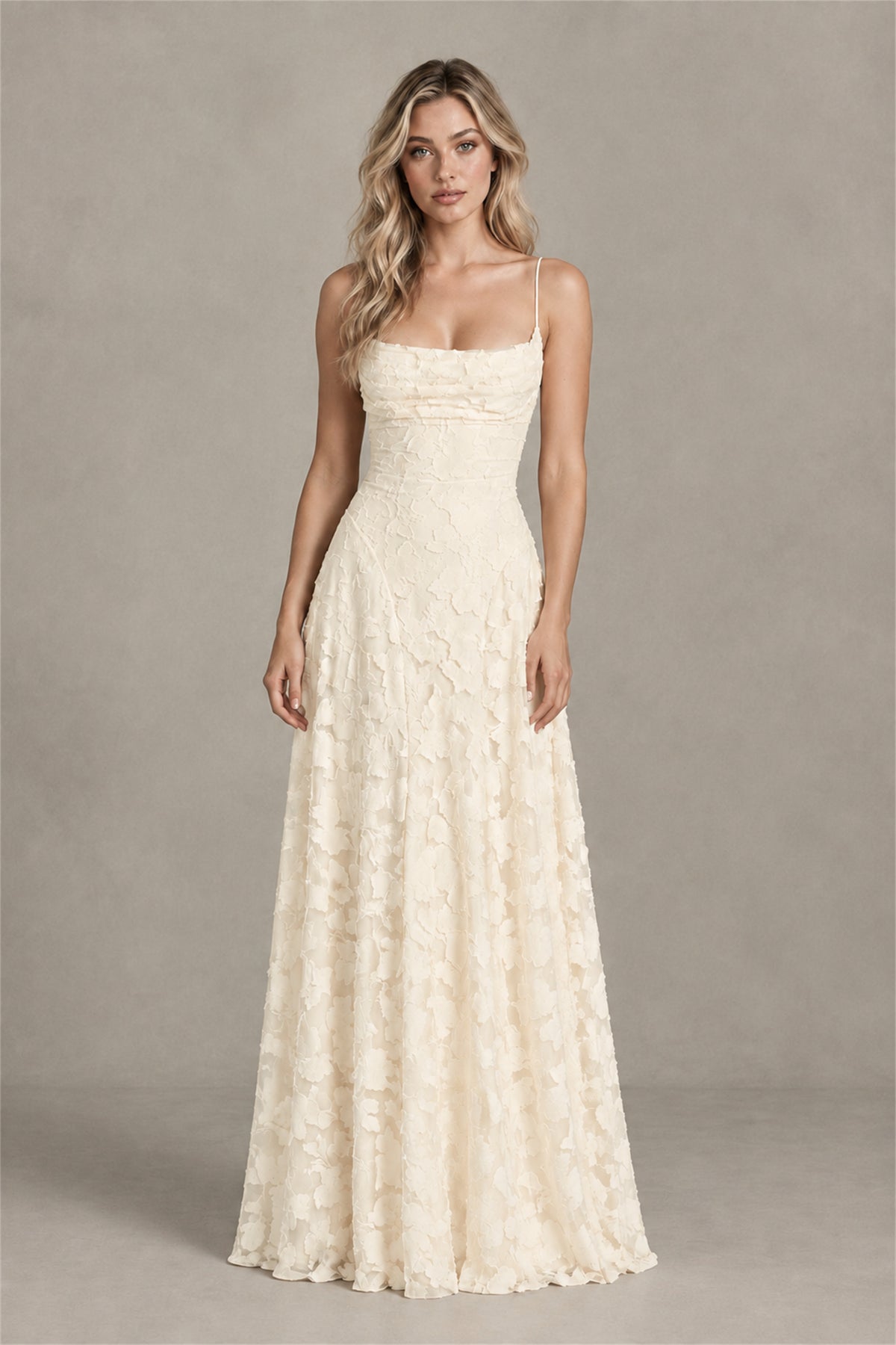 BOLODOO Ivory Floral Appliqué Lace-Up Back Maxi Dress - Ivory