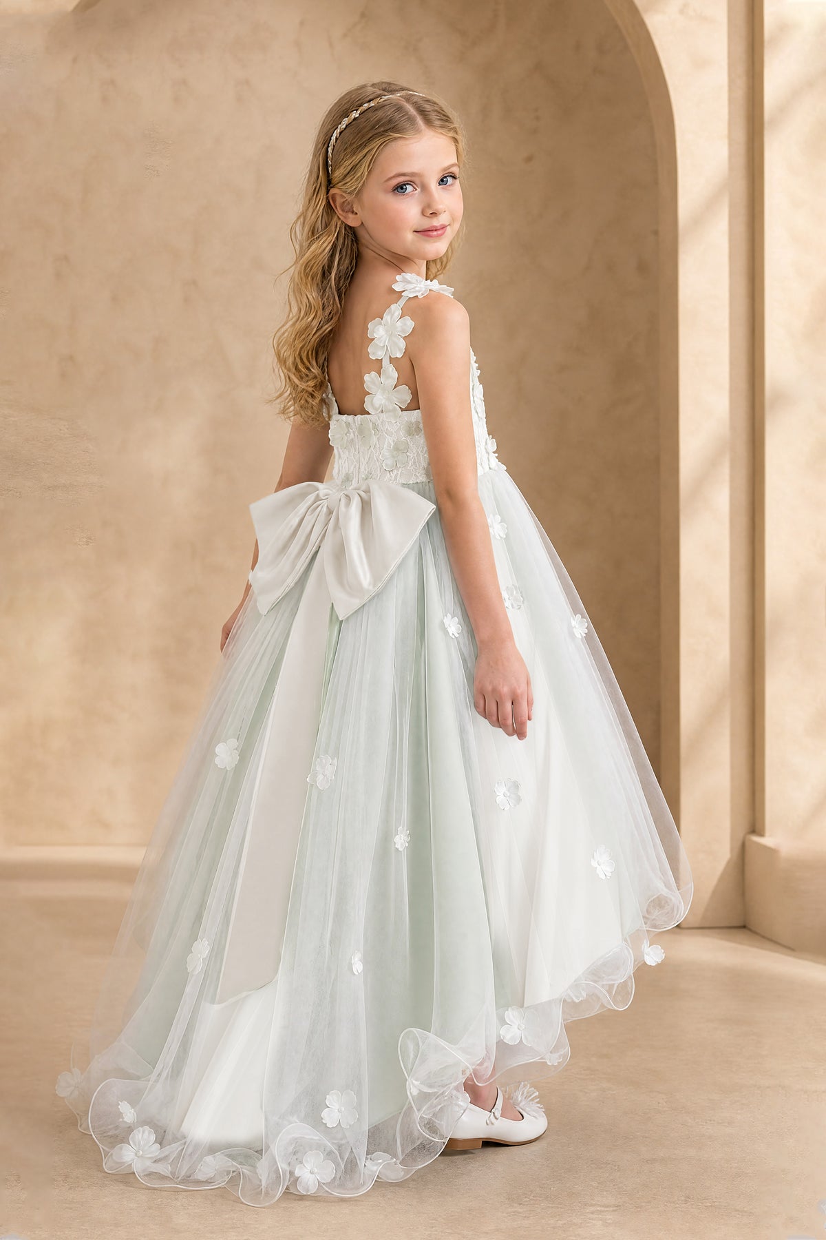 BOLODOO Ivory Flower Girl Dress with Floral Appliqué and High-Low Tulle Skirt - Ivory