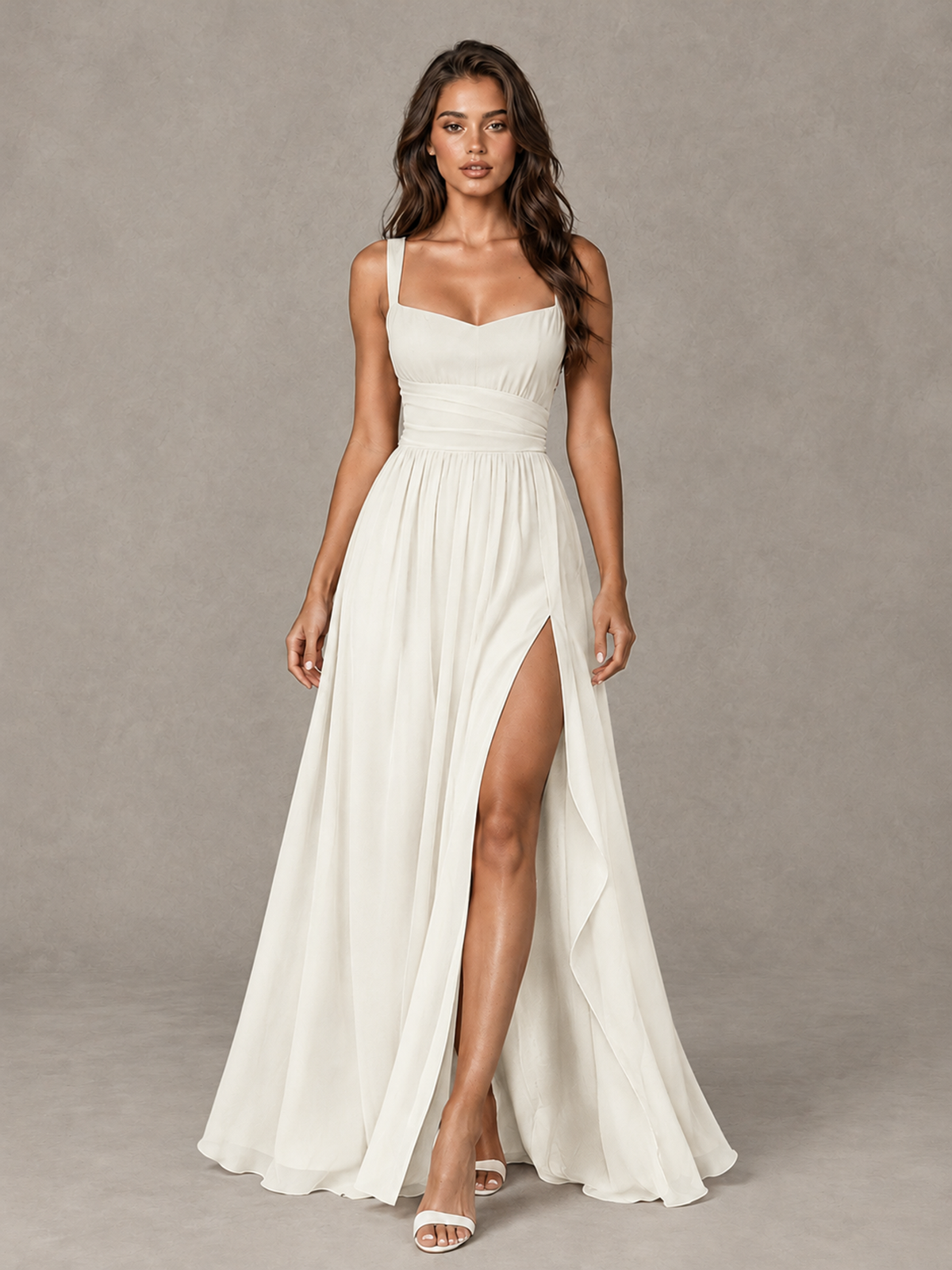 BOLODOO Ivory A-Line Bridesmaid Dress with High Slit & Lace-Up Back - Ivory - Ivory (1)