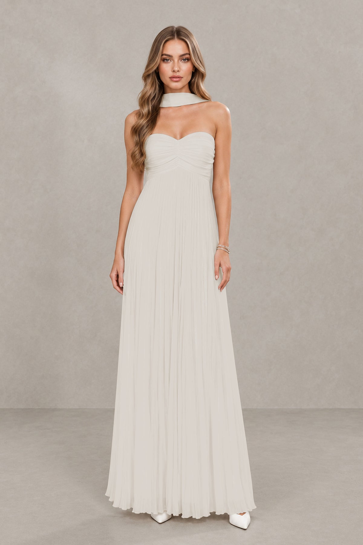 BOLODOO Ivory Strapless Chiffon-Look Maxi Dress with Lace-Up Back & Cape - Ivory