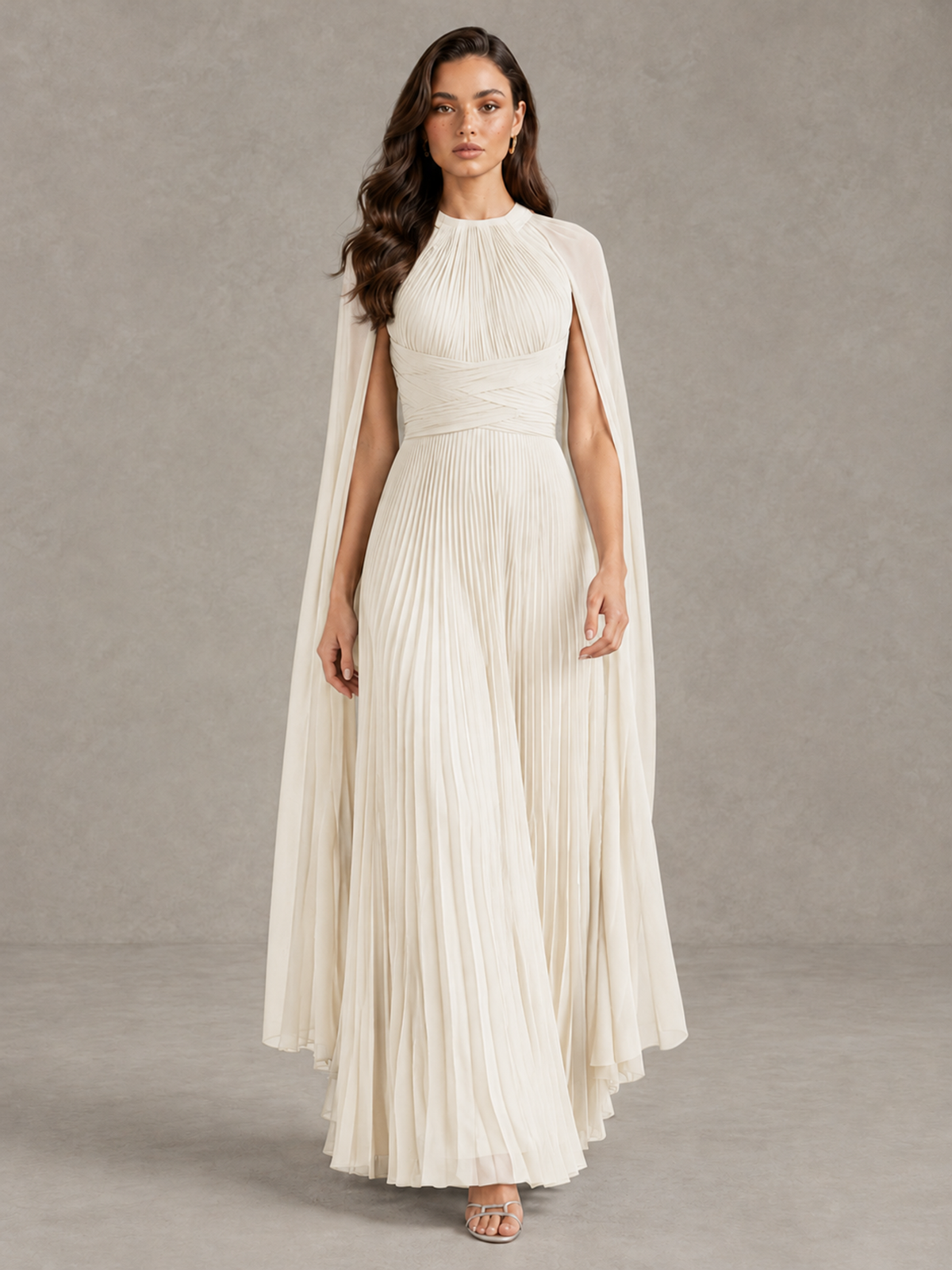 BOLODOO Ivory Pleated Cape Maxi Wedding Guest Dress - Ivory - Ivory (1)
