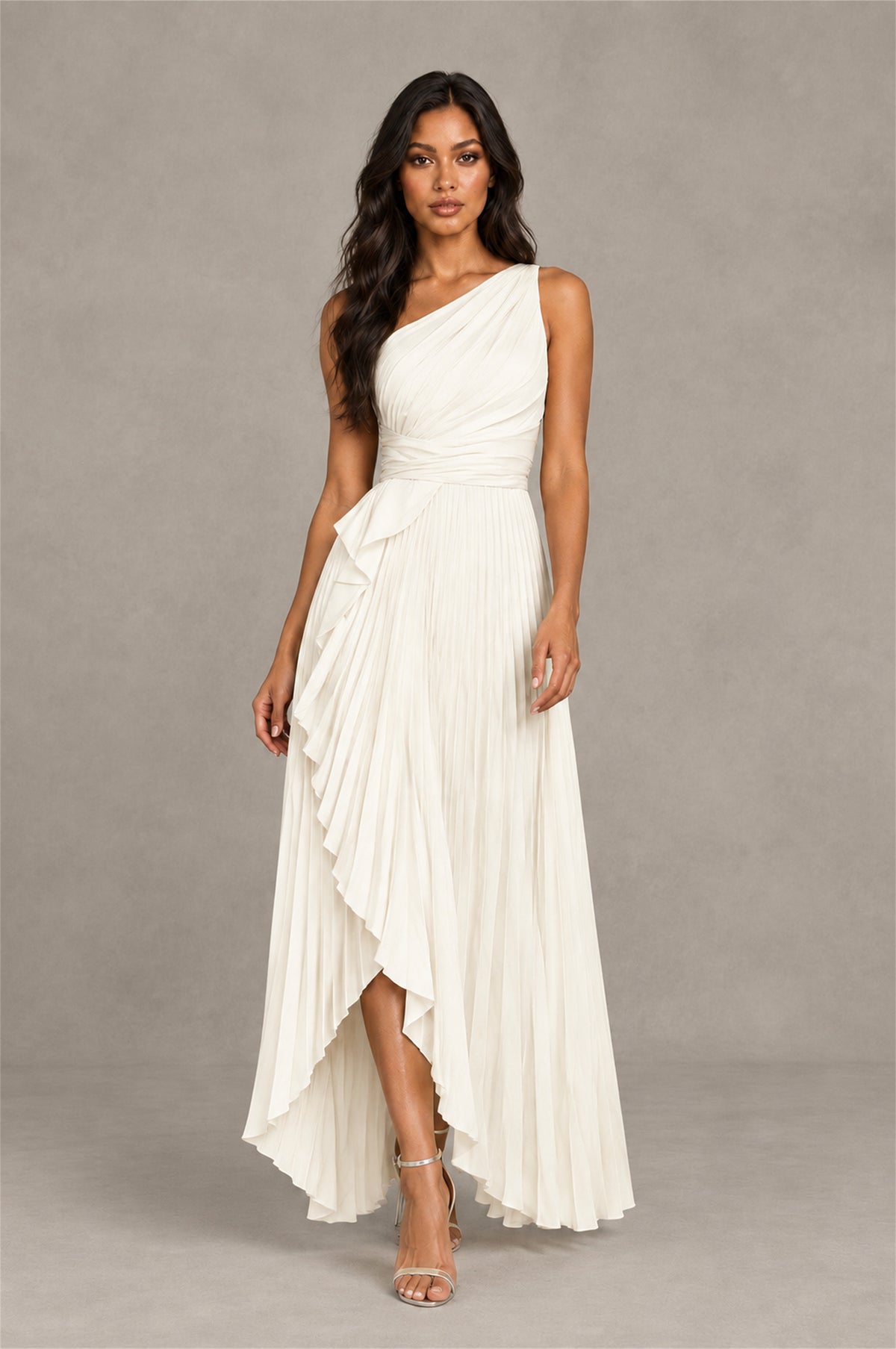 BOLODOO Ivory One-Shoulder High-Low Ruffle Maxi Dress - Ivory